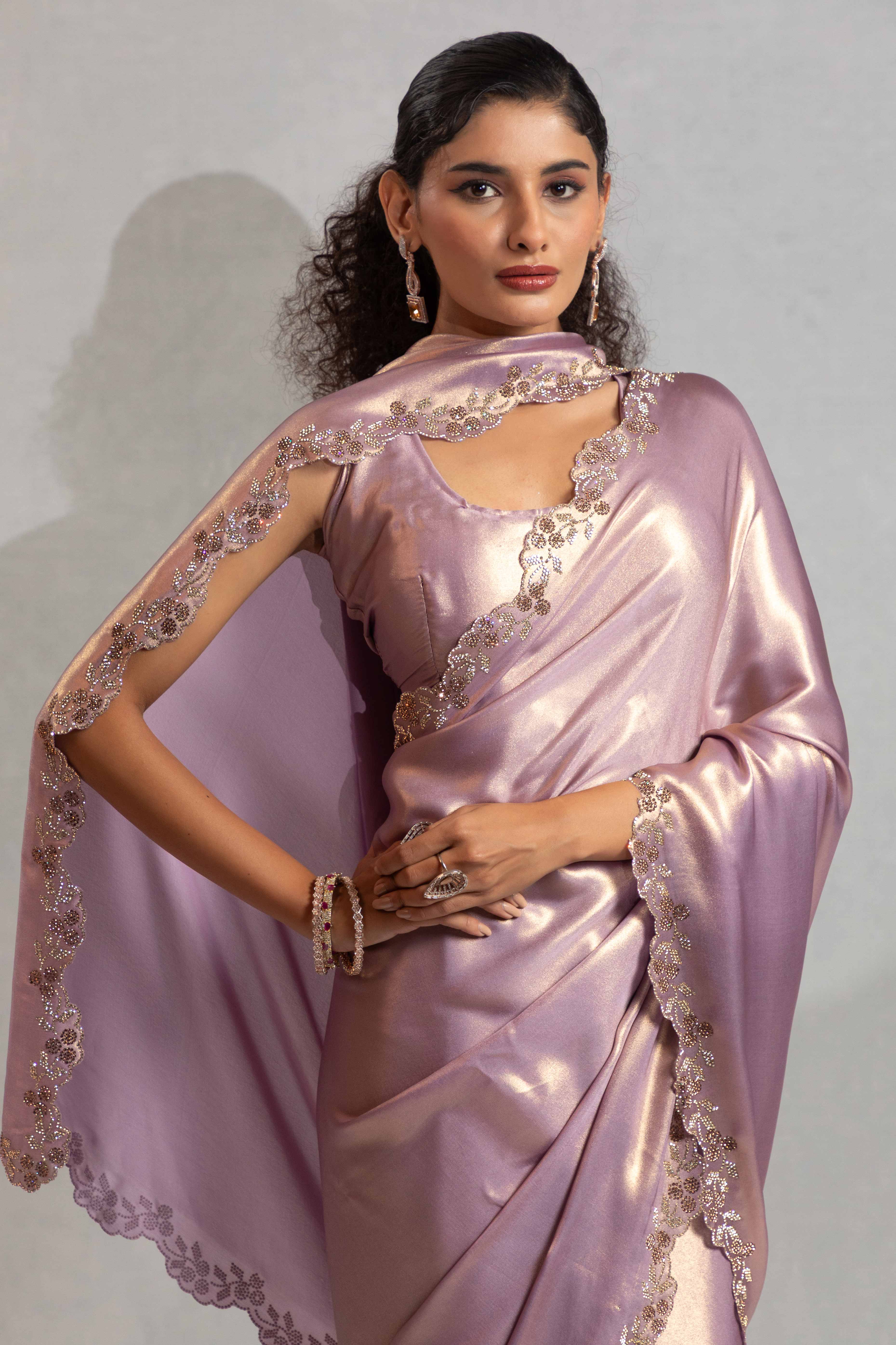 Lavender Satin Georgette Saree Adorned With Subtle Foil Finish & A Sparkling Zarkan Work Border - Image 5