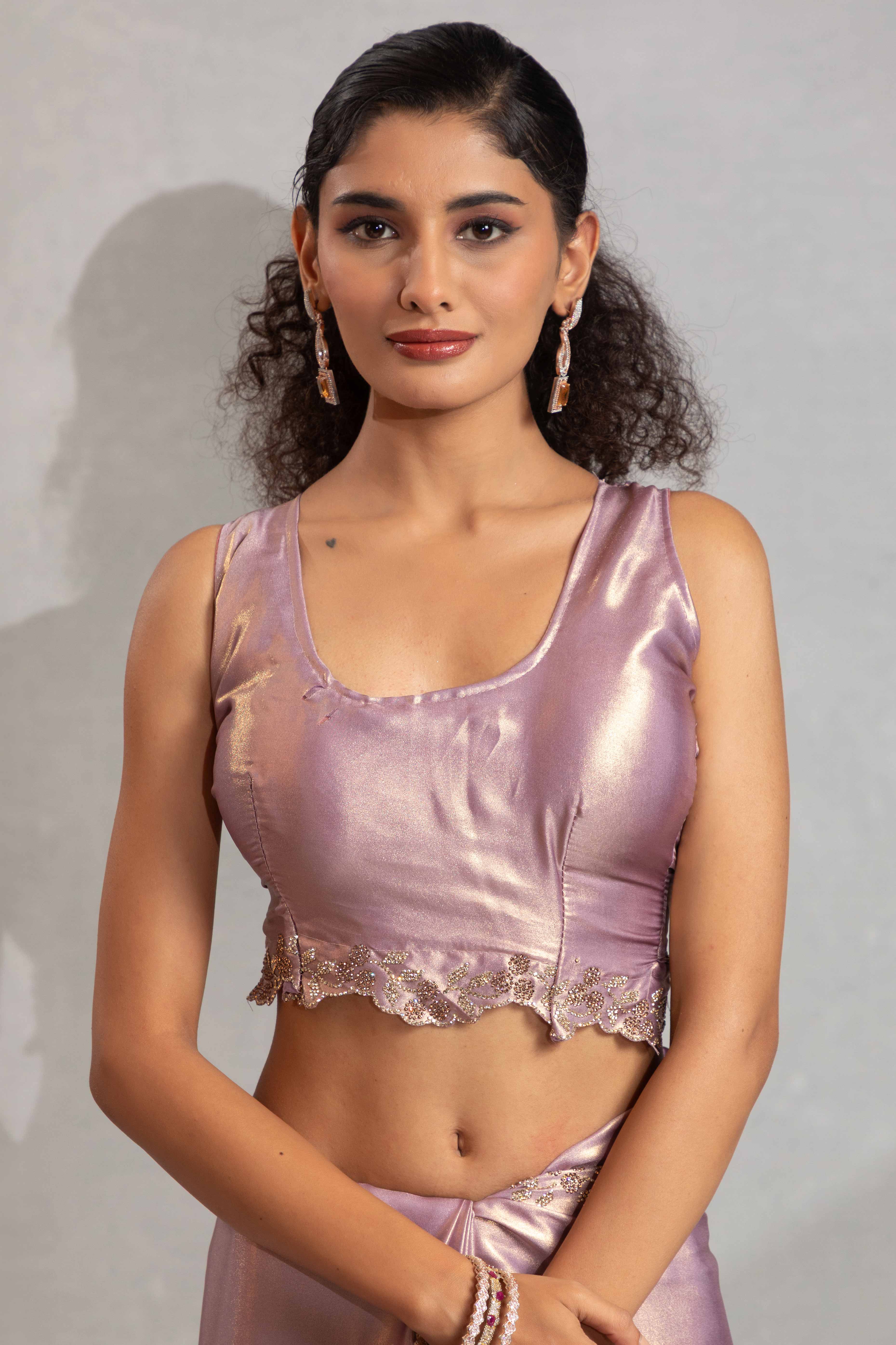 Lavender Satin Georgette Saree Adorned With Subtle Foil Finish & A Sparkling Zarkan Work Border - Image 6