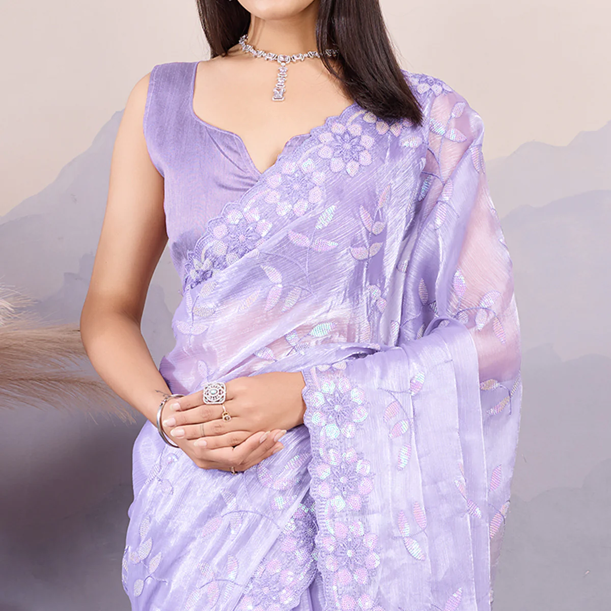 Lavender Sequins Embroidered Art Silk Saree - Image 2