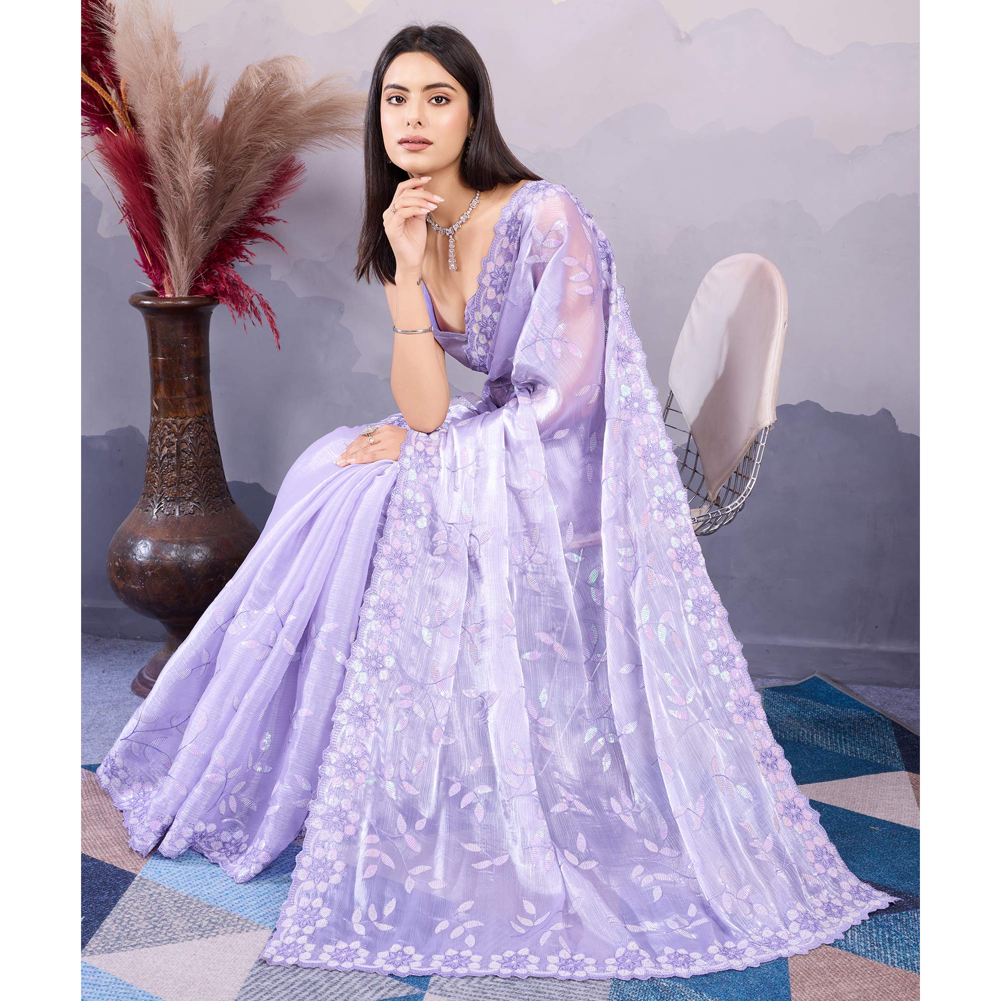 Lavender Sequins Embroidered Art Silk Saree - Image 4