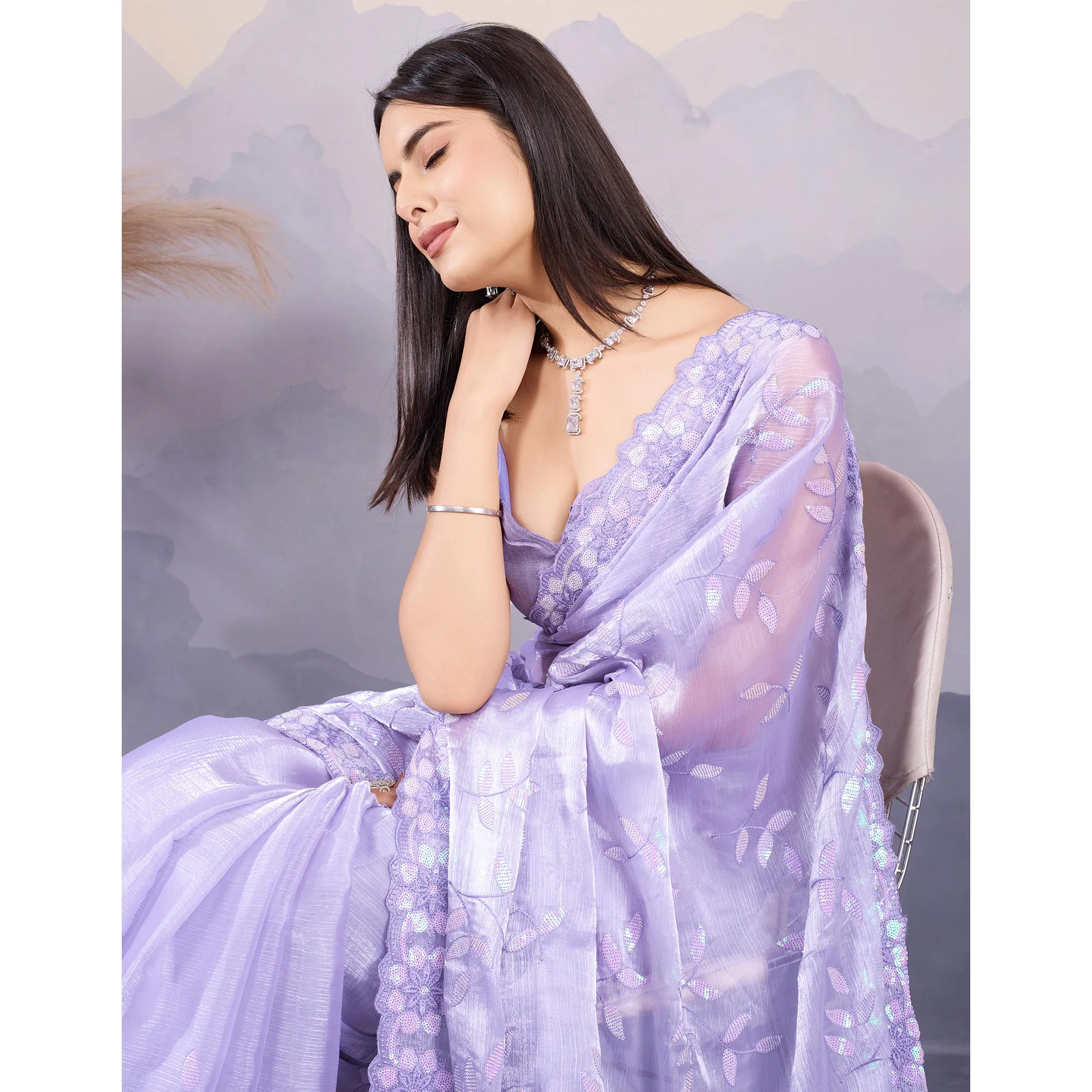Lavender Sequins Embroidered Art Silk Saree - Image 6
