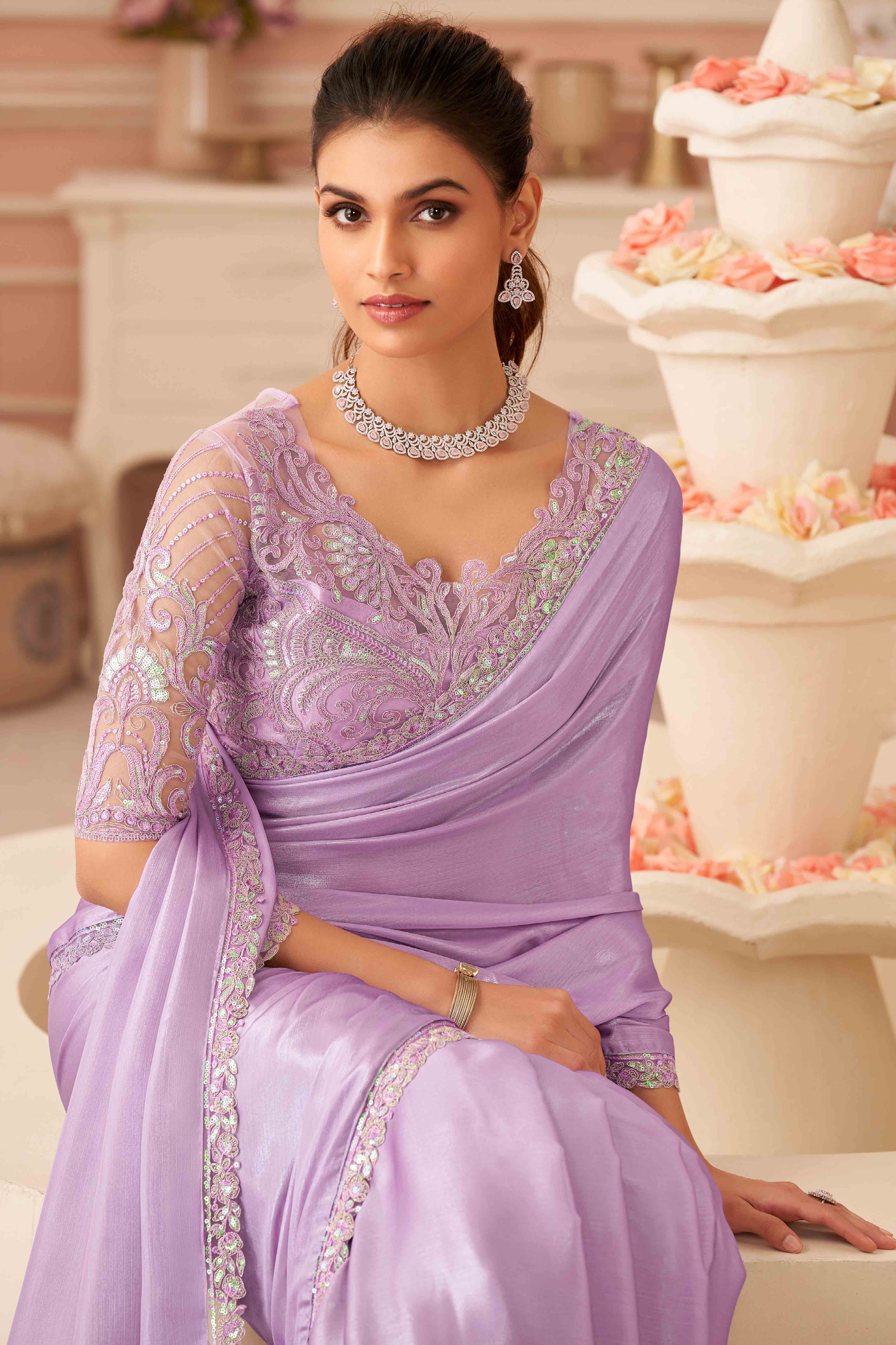 Lavender Sequins Embroidered Chiffon Saree - Image 3