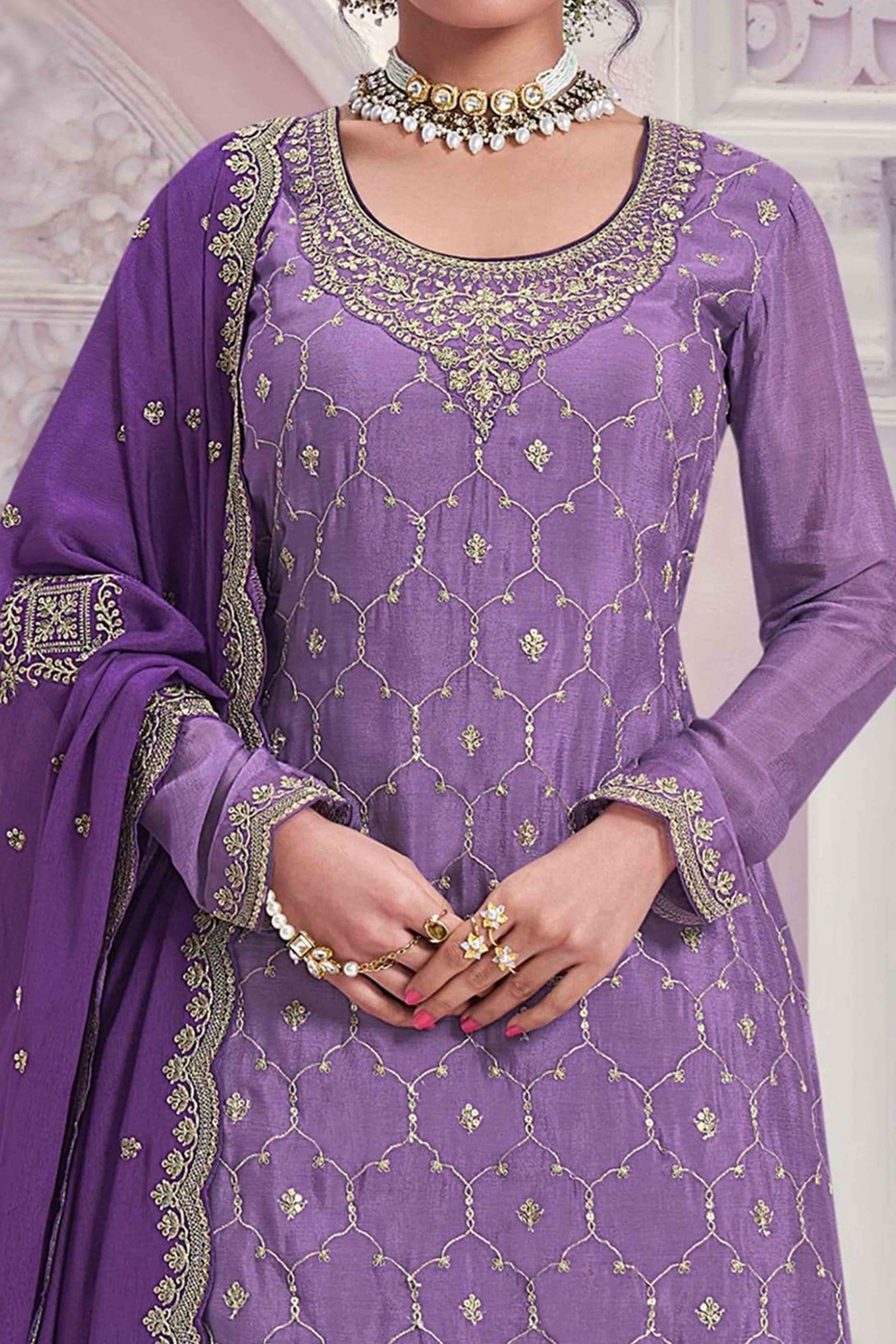 Lavender Sequins Embroidered Chinon Sharara Suit - Image 2