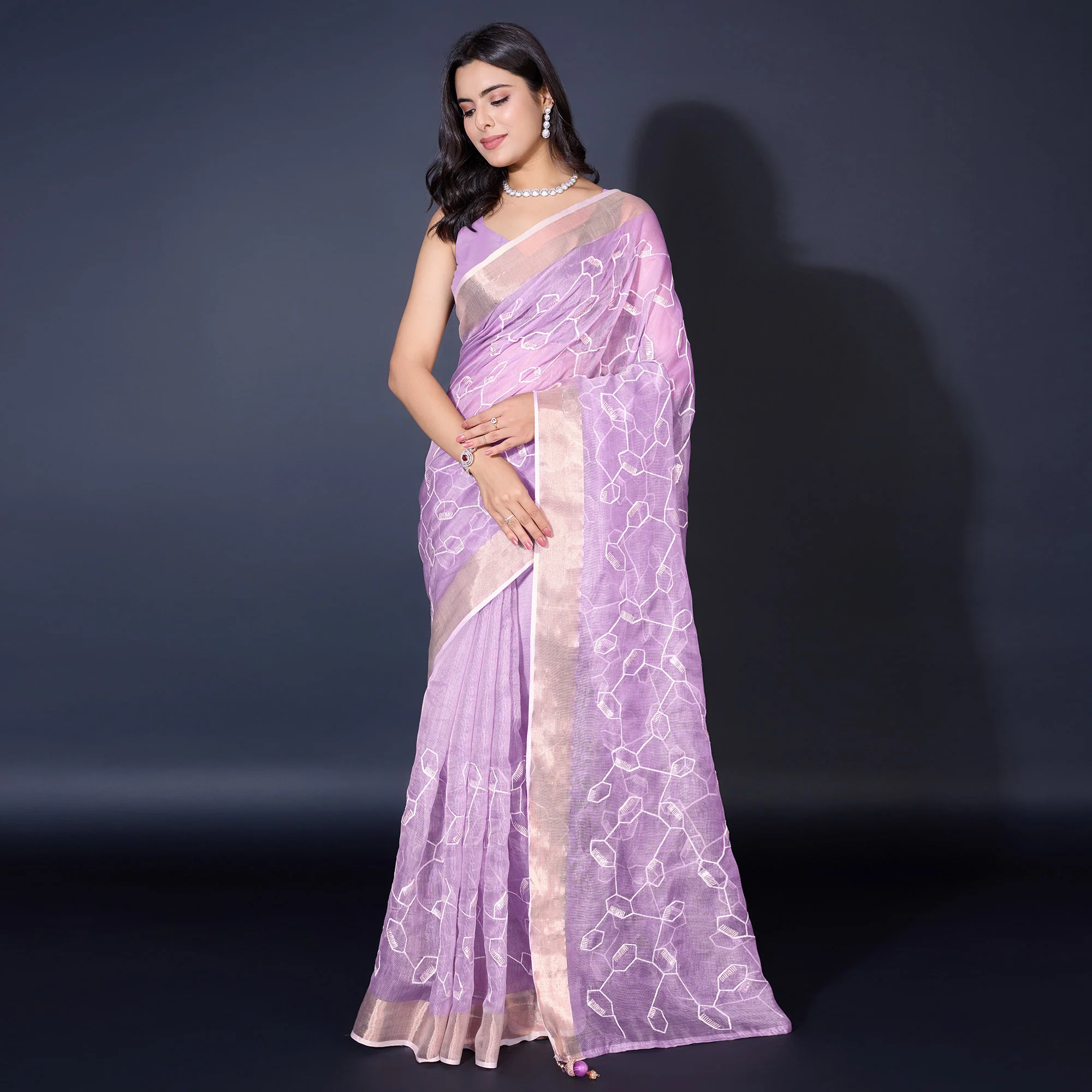 Lavender Sequins Embroidered Cotton Silk Saree - Image 2