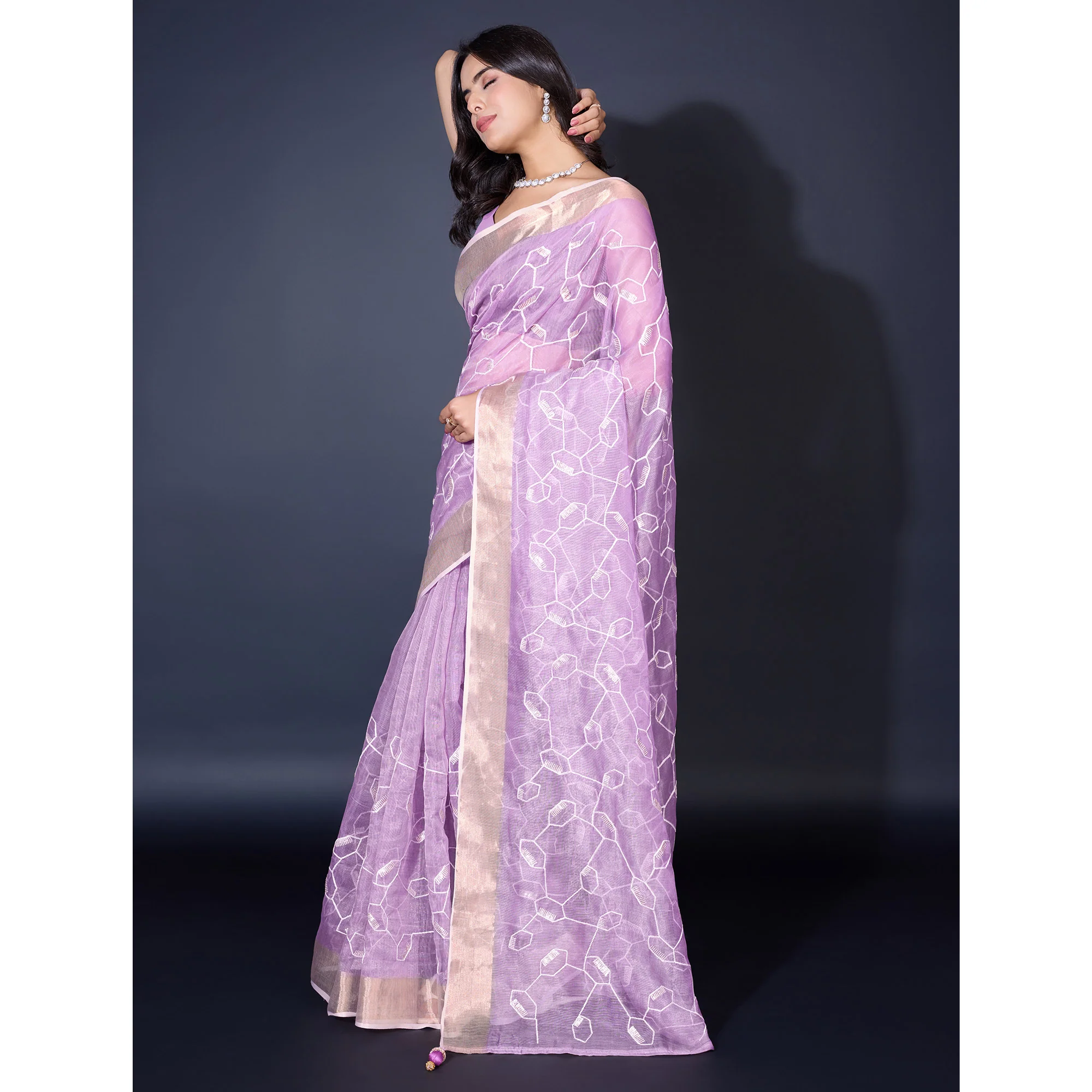 Lavender Sequins Embroidered Cotton Silk Saree - Image 4