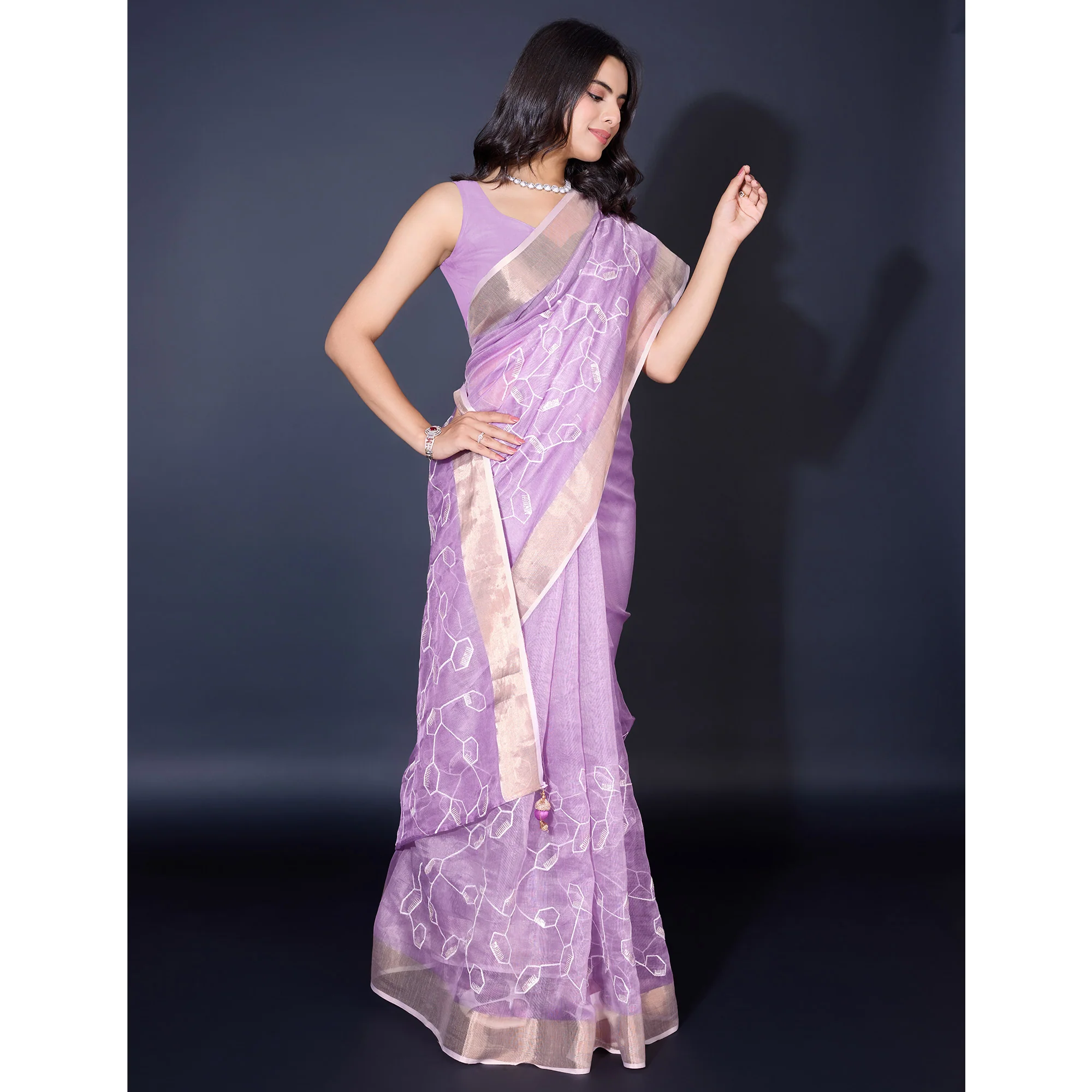 Lavender Sequins Embroidered Cotton Silk Saree - Image 5