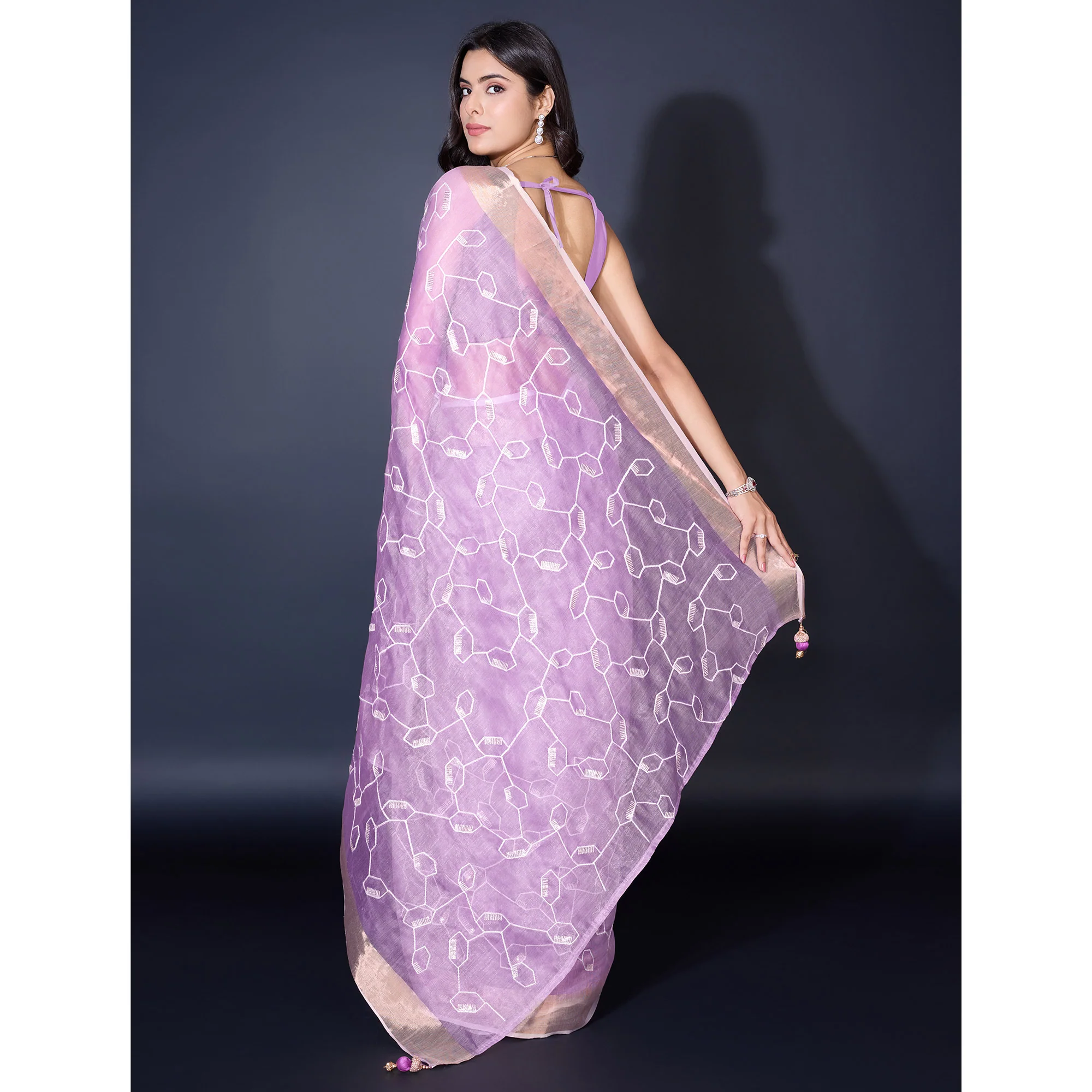 Lavender Sequins Embroidered Cotton Silk Saree - Image 6