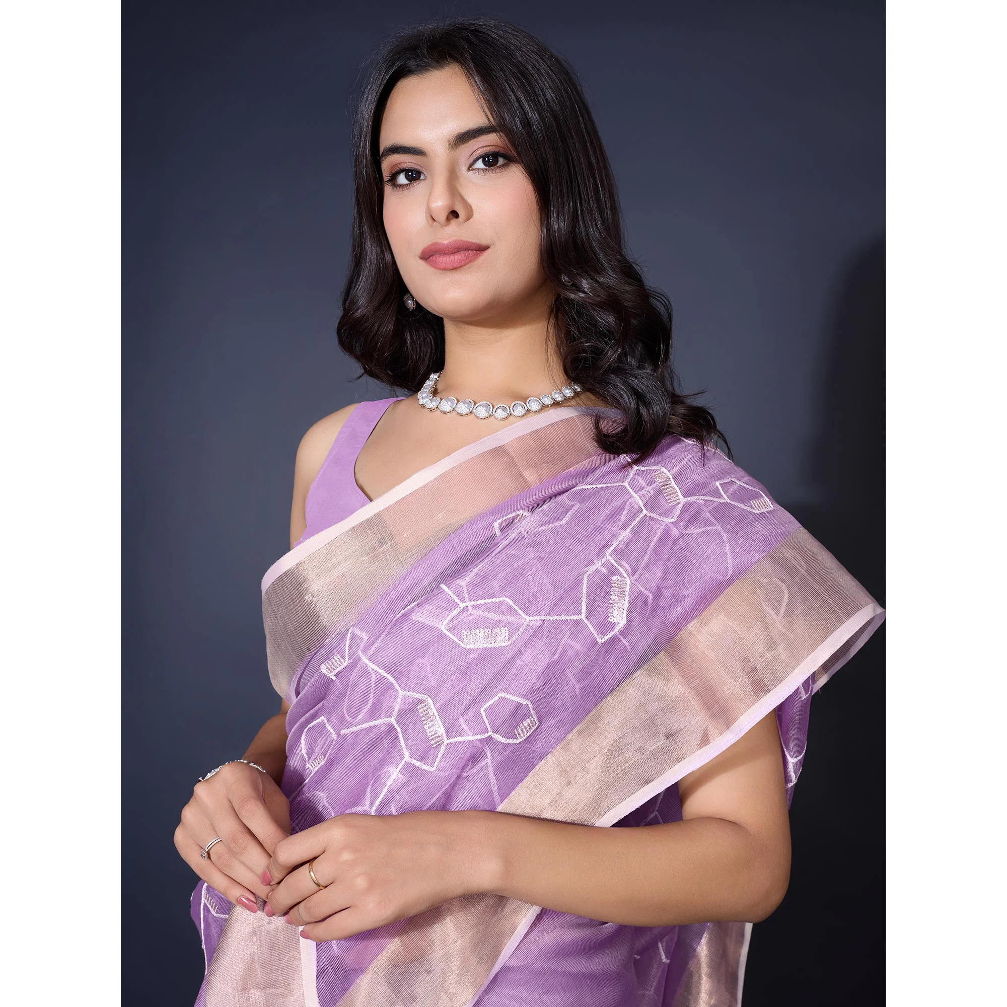 Lavender Sequins Embroidered Cotton Silk Saree - Image 7