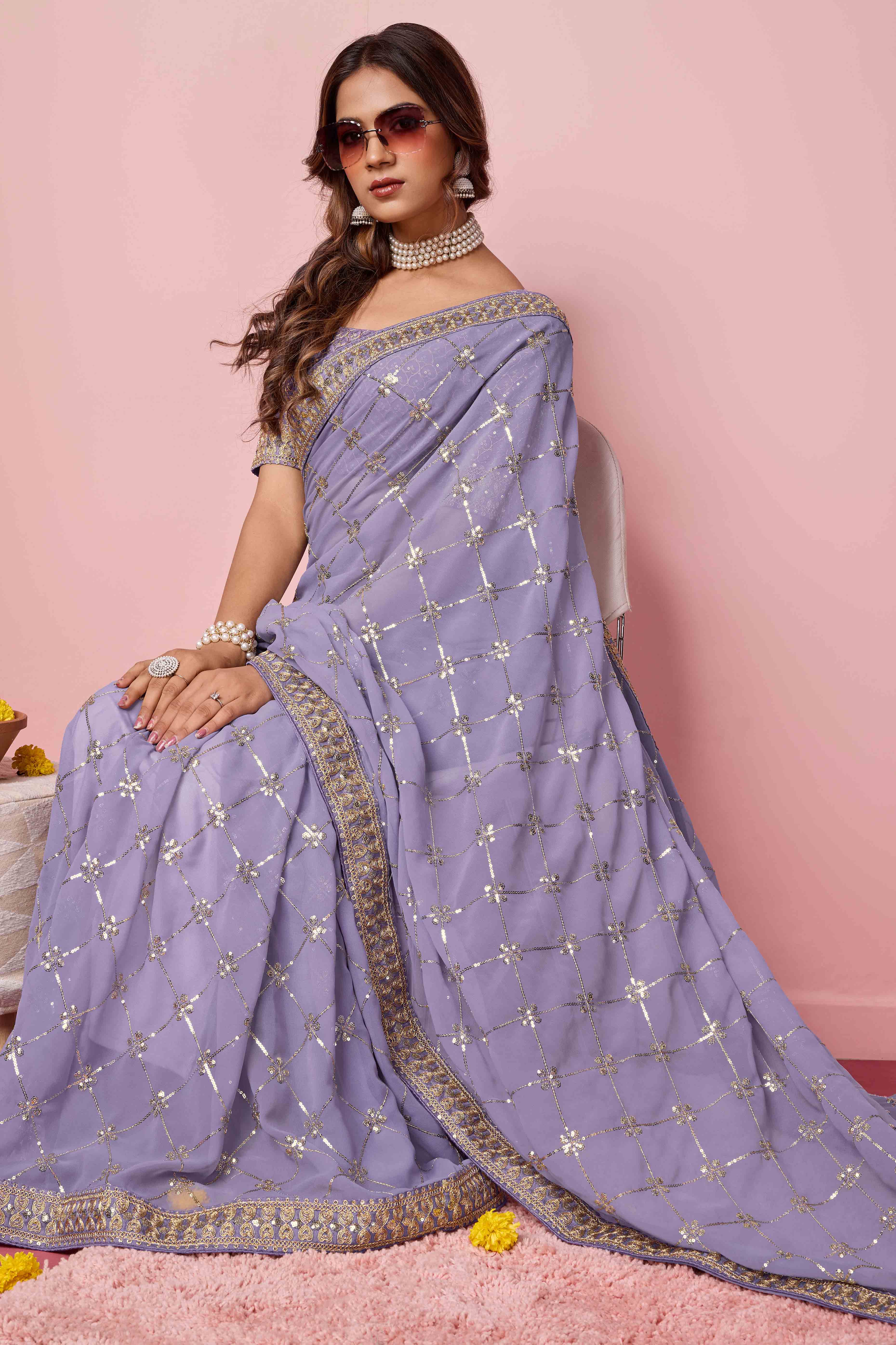 Lavender Sequins Embroidered Georgette Saree - Image 4