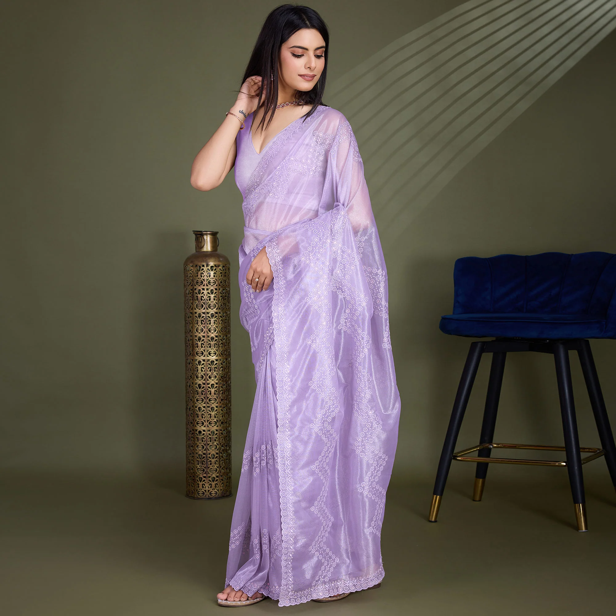 Lavender Sequins Embroidered Shimmer Net Saree - Image 2