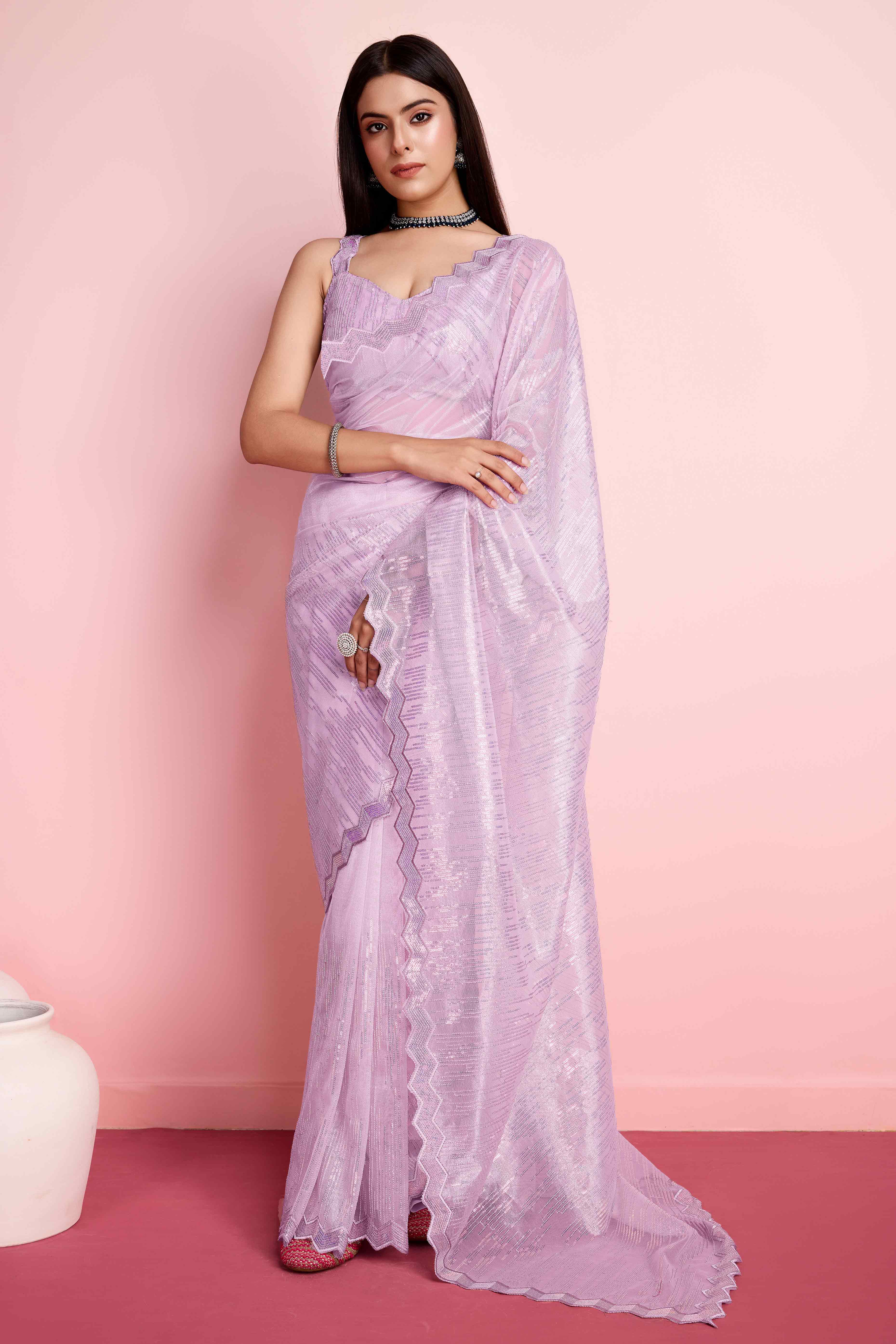 Lavender Sequins Embroidered Silver Twill Net Saree - Image 3