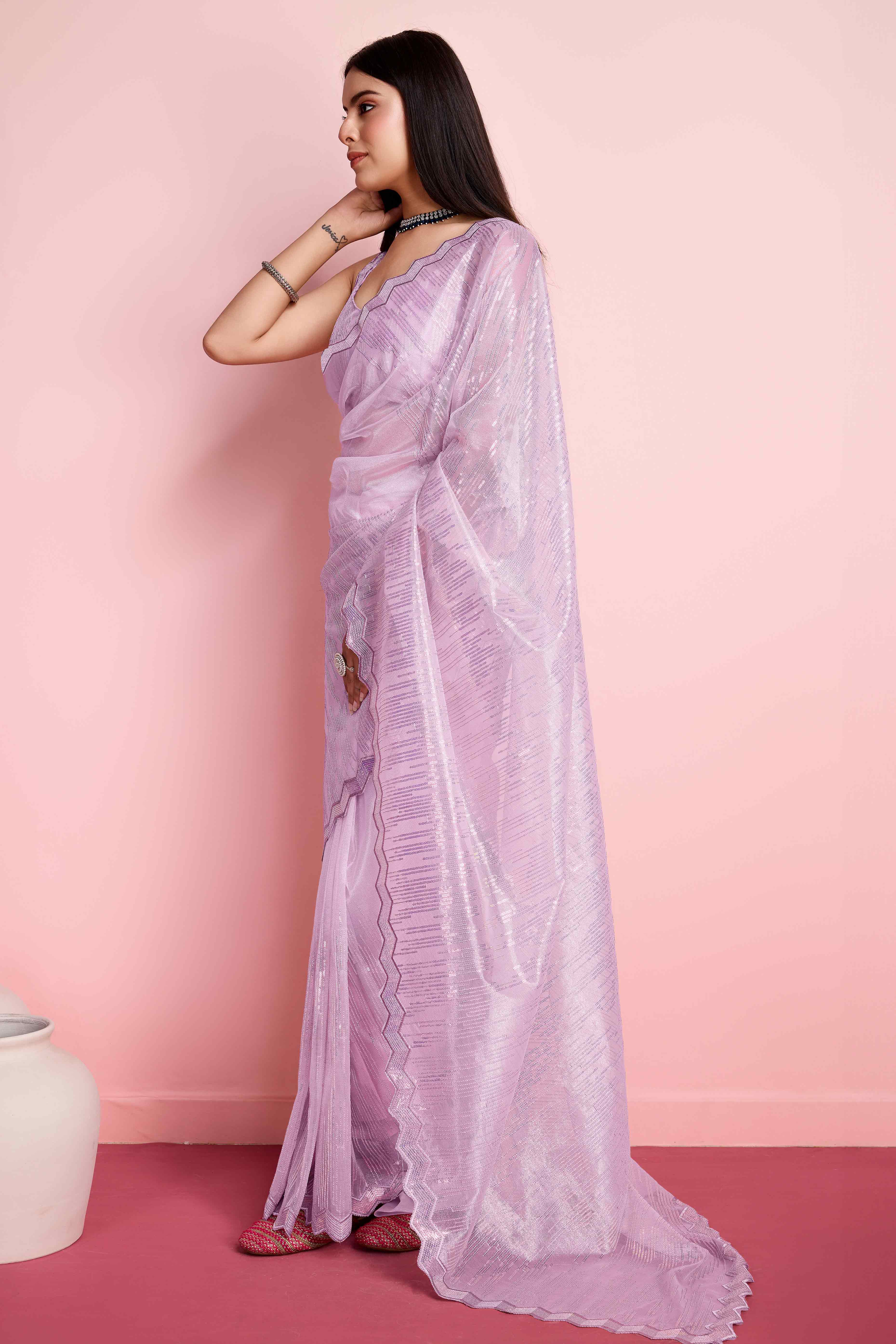 Lavender Sequins Embroidered Silver Twill Net Saree - Image 4