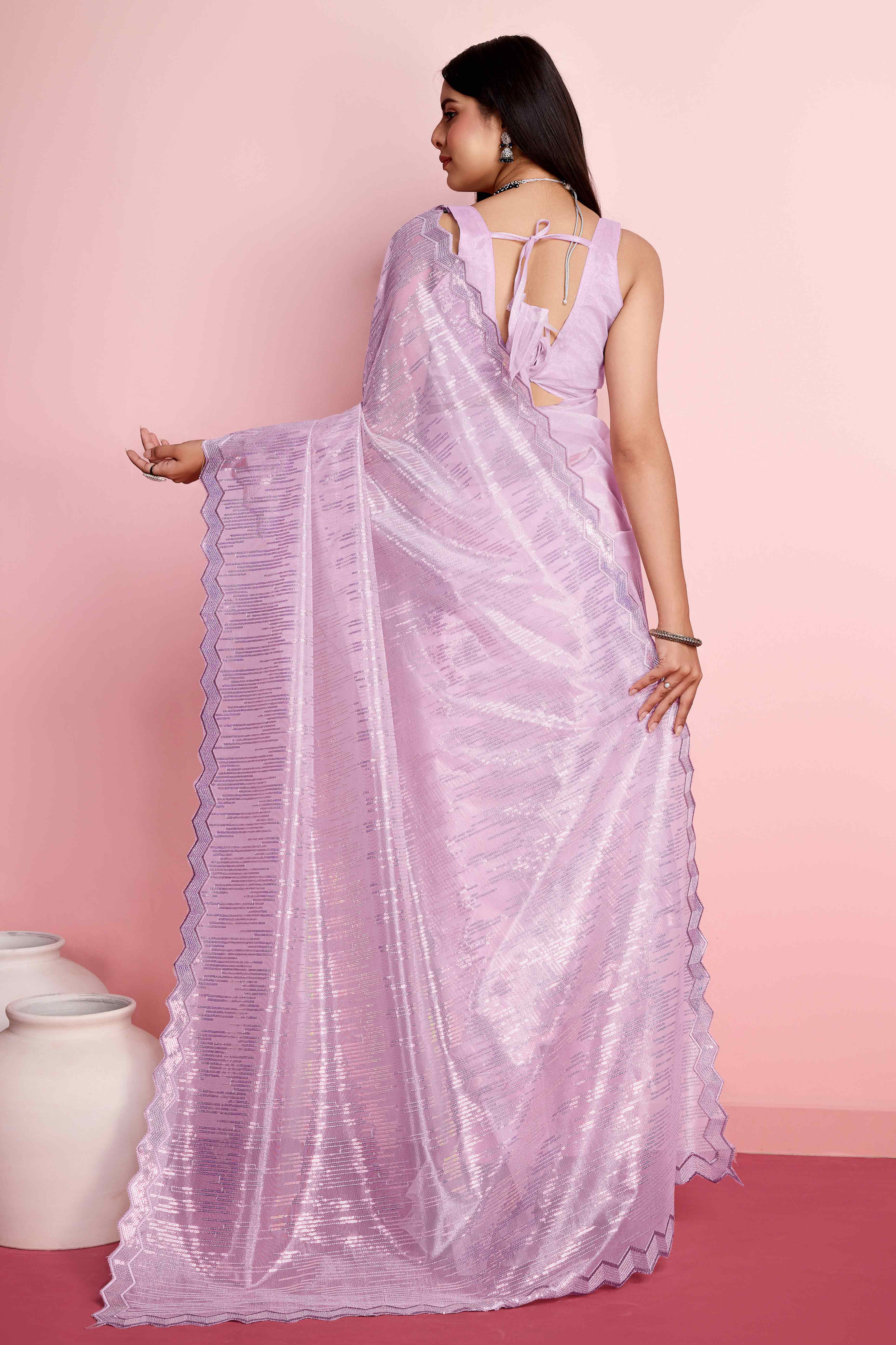 Lavender Sequins Embroidered Silver Twill Net Saree - Image 5
