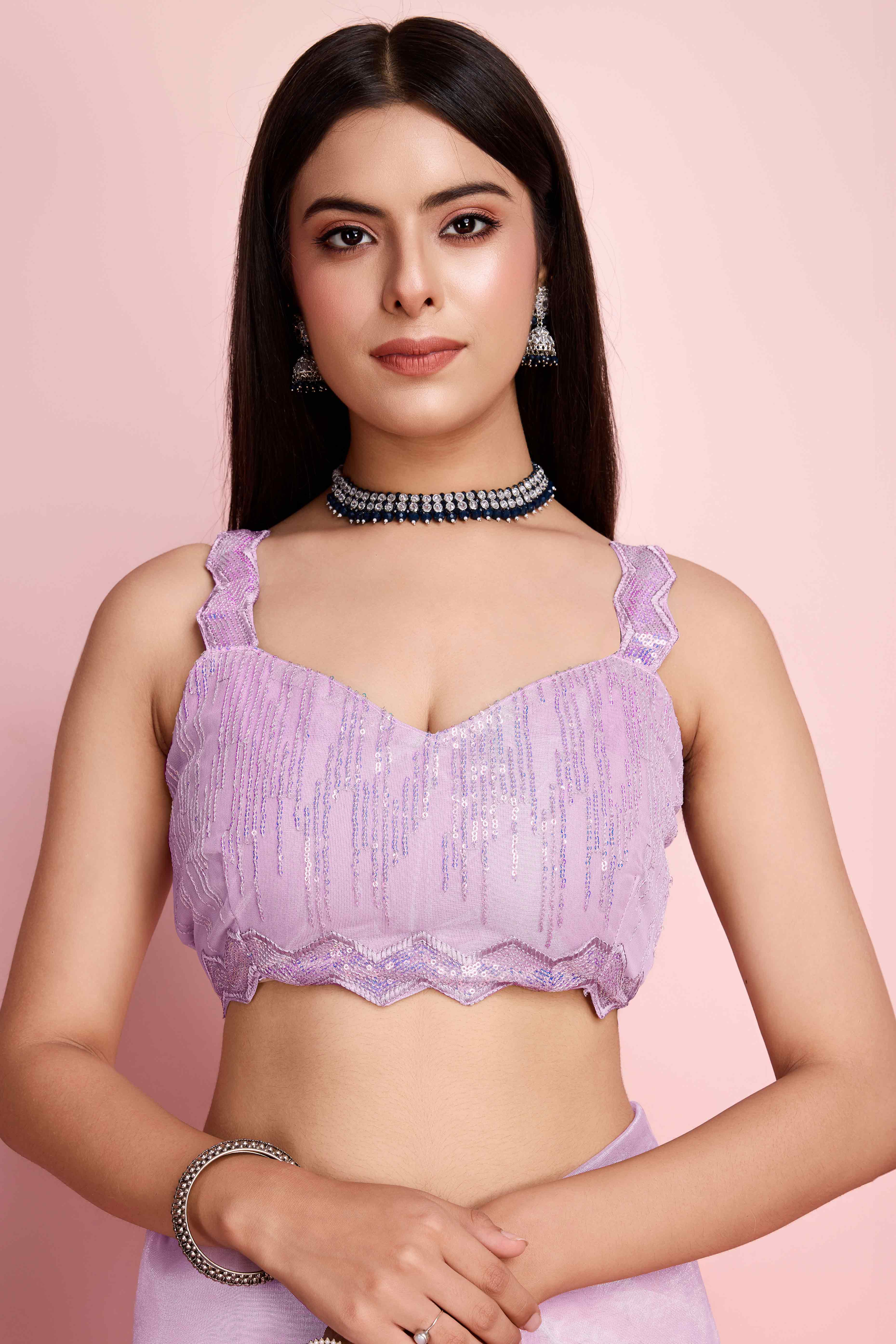 Lavender Sequins Embroidered Silver Twill Net Saree - Image 7