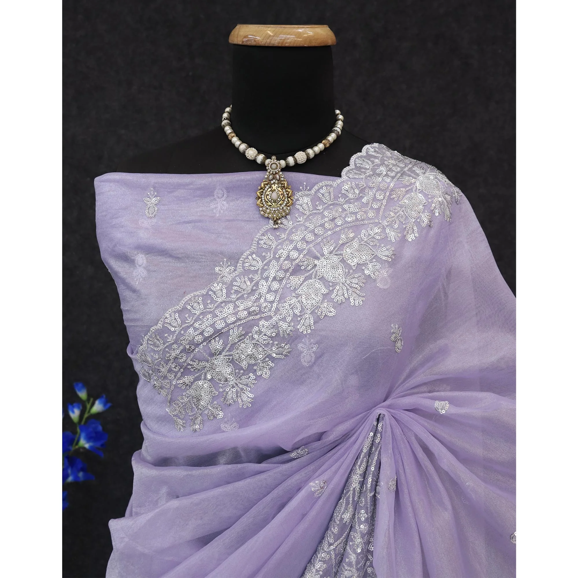 Lavender Sequins Embroidered Twill Net Designer Embellished Saree - Image 8