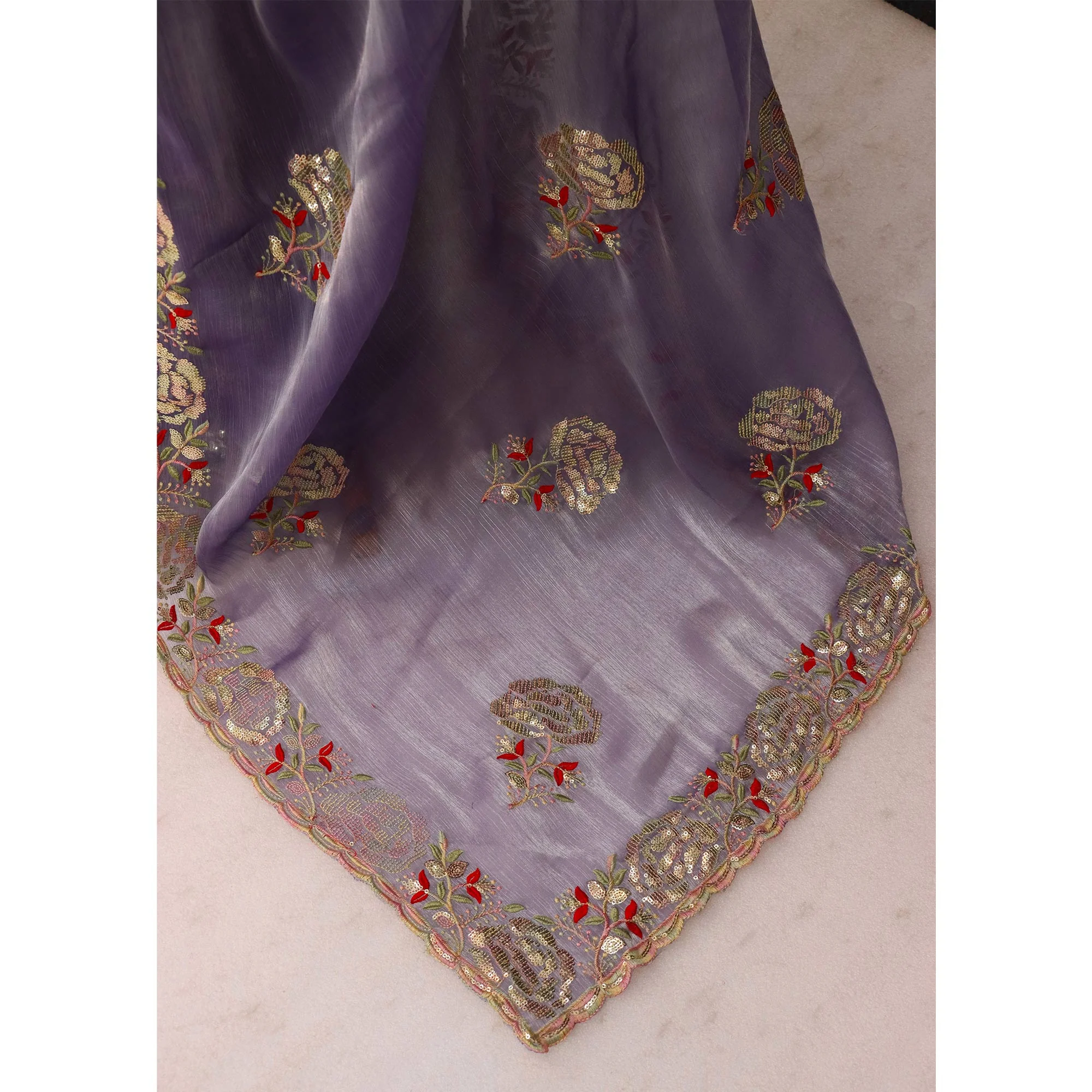 Lavender Sequins Work Embroidered Chiffon Saree - Image 6