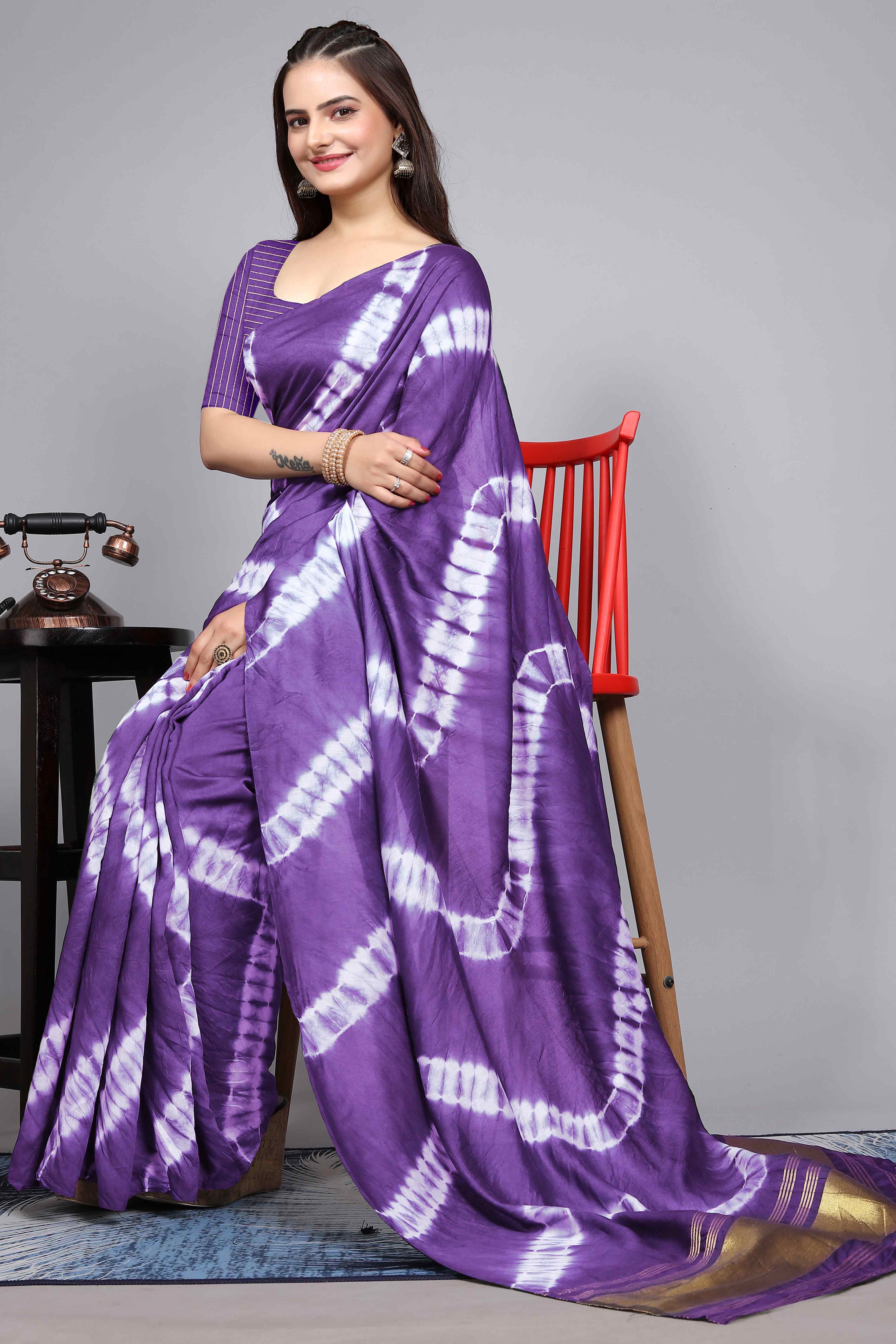 Lavender Shibori Leheriya Printed Chanderi Cotton Silk Lagdi Patta Saree - Image 5