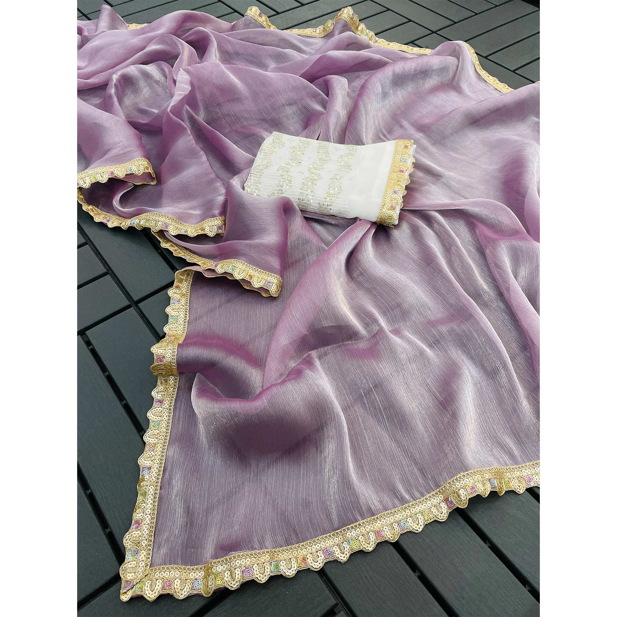 Lavender Solid Satin Burberry Saree With Sparkling Sequins Embroidered Lace Border - Image 3