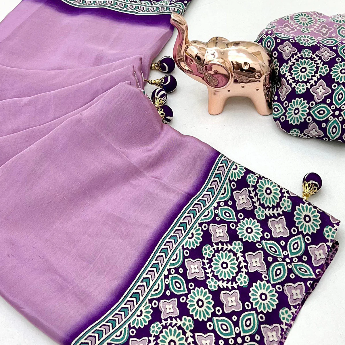 Lavender Solid Satin Saree Featuring Bold Ajrakh Print and Tassel Accented Pallu - Image 2