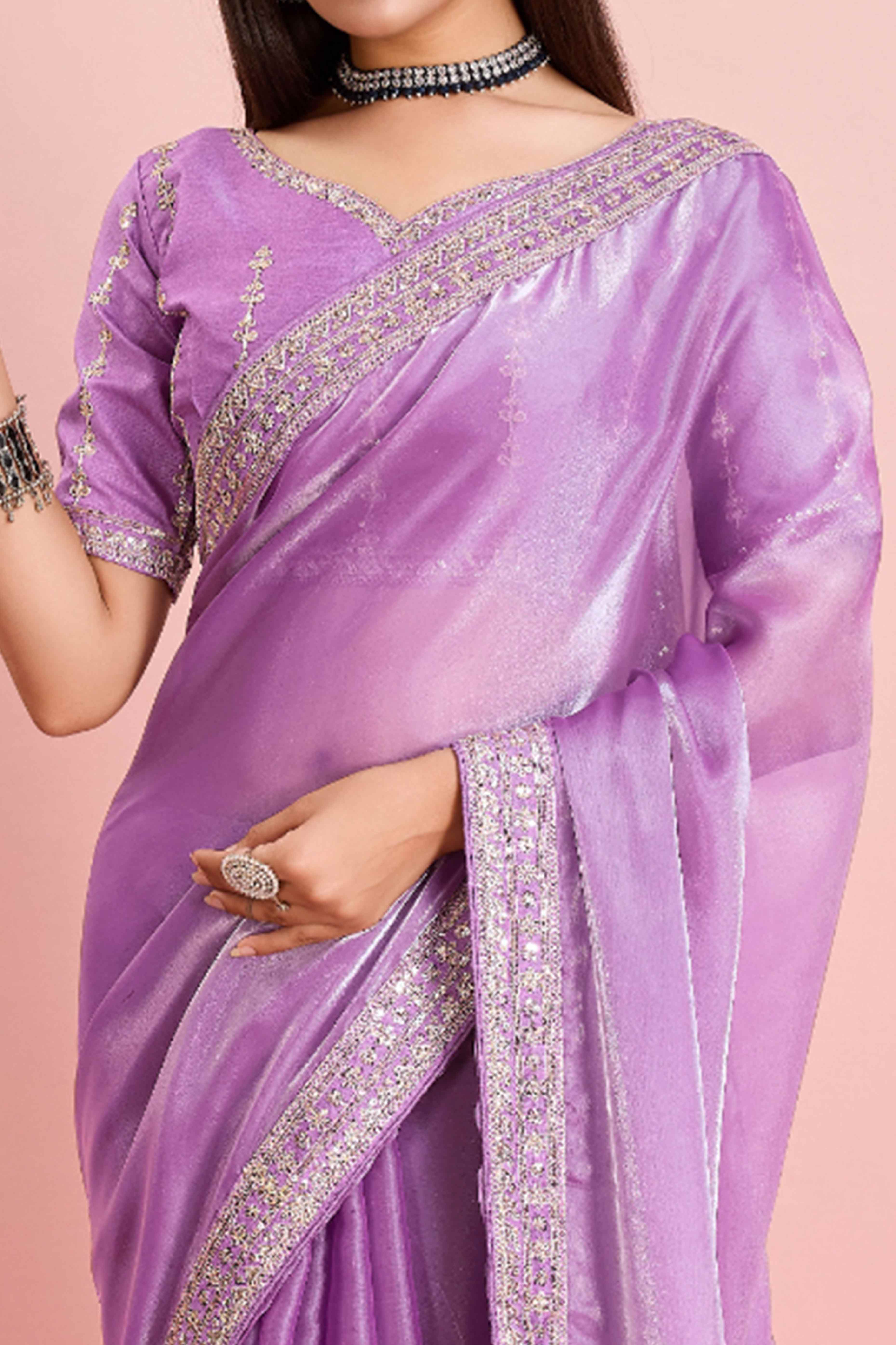 Lavender Solid With Floral Sequins Embroidered Jimmy Choo Tissue Saree - Image 2