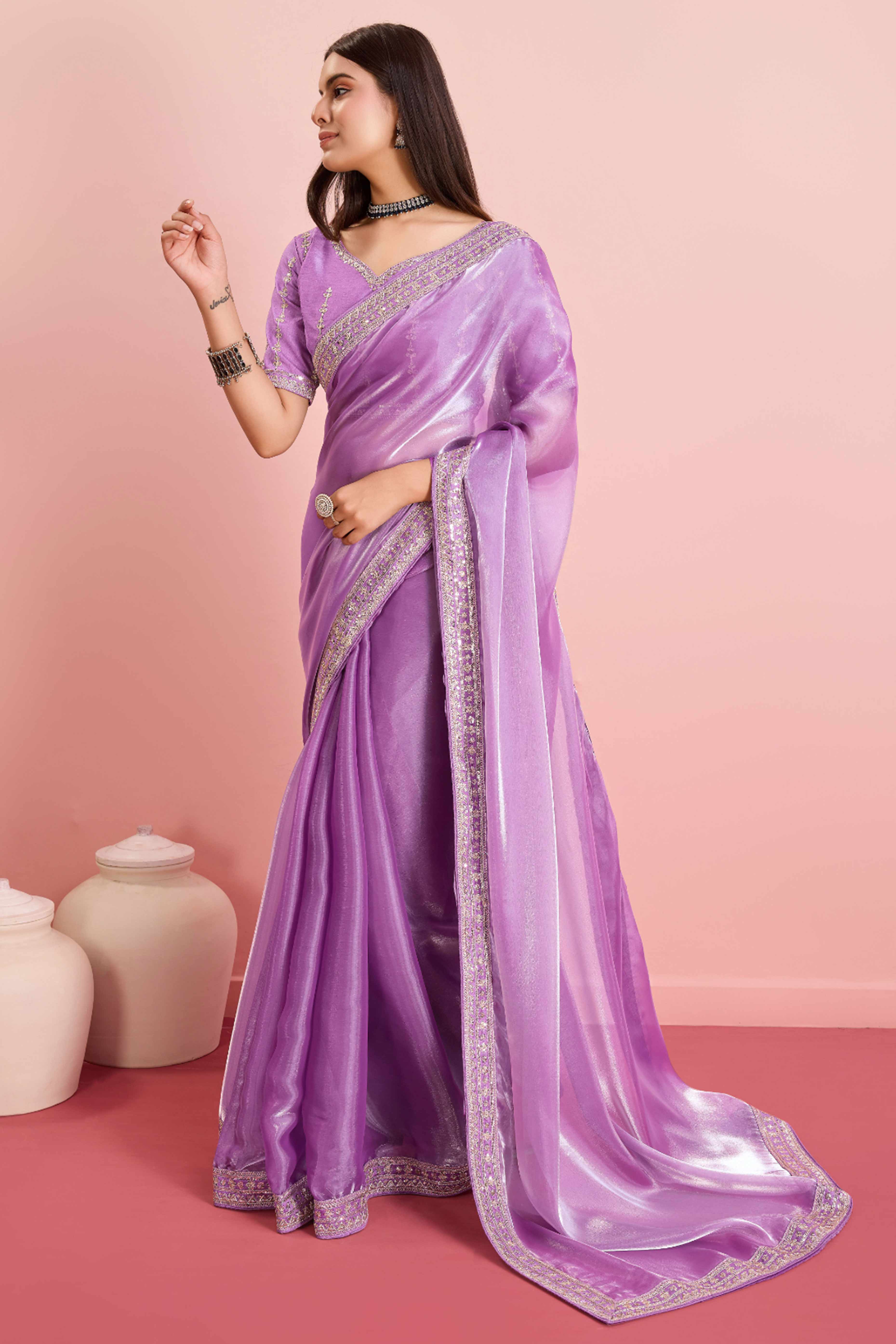 Lavender Solid With Floral Sequins Embroidered Jimmy Choo Tissue Saree - Image 3