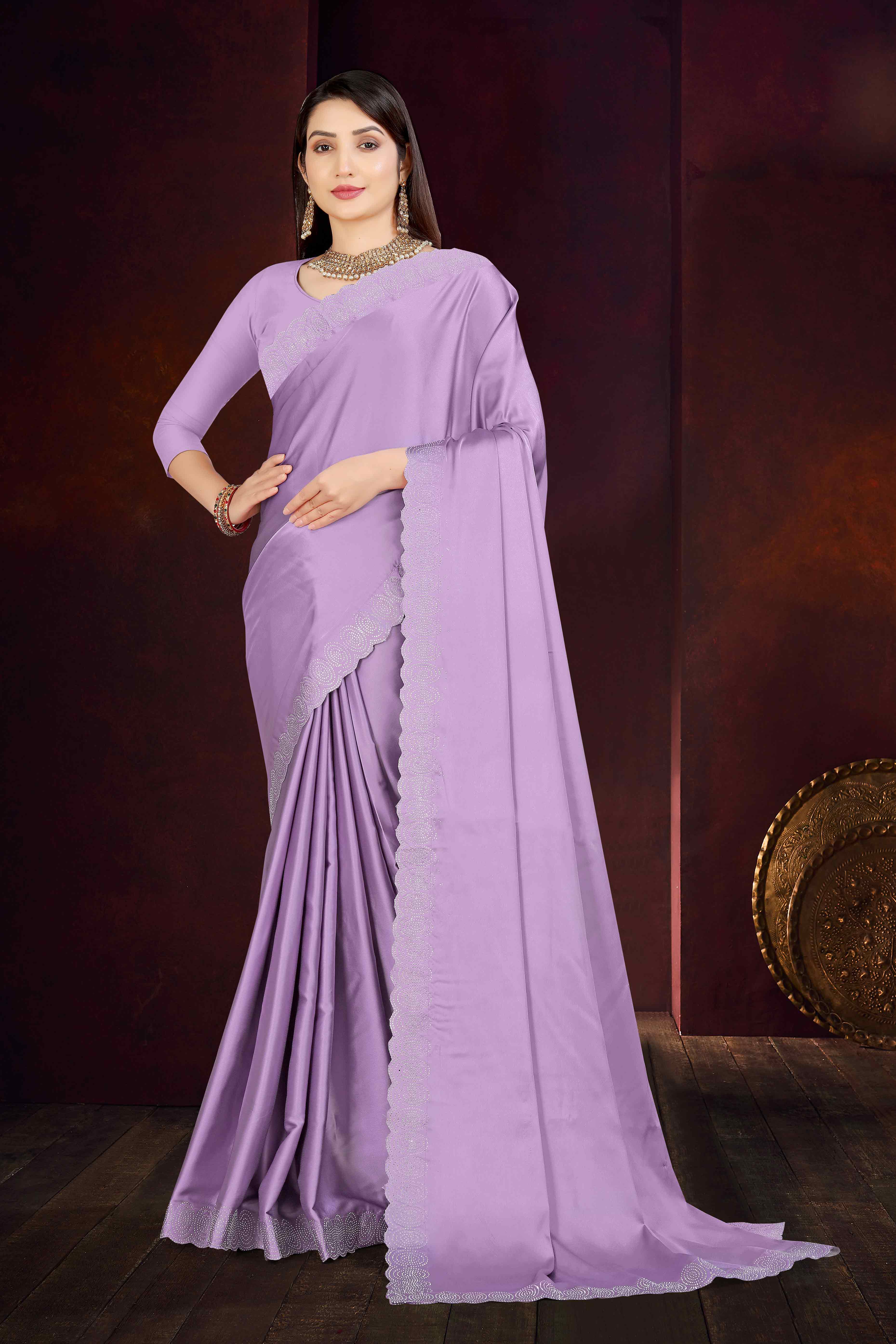 Lavender Solid With Swarovski Work Satin Saree - Image 3