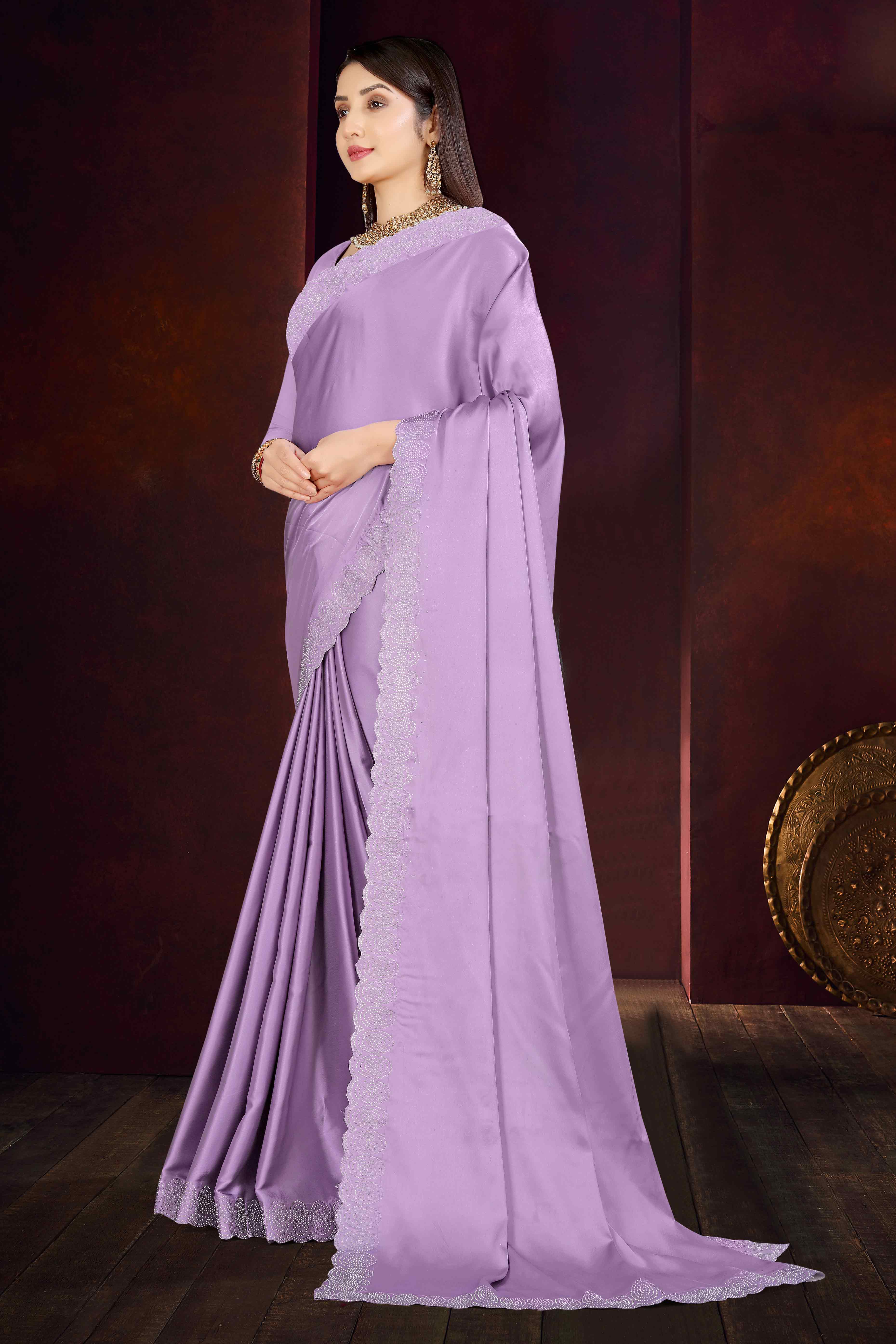 Lavender Solid With Swarovski Work Satin Saree - Image 4