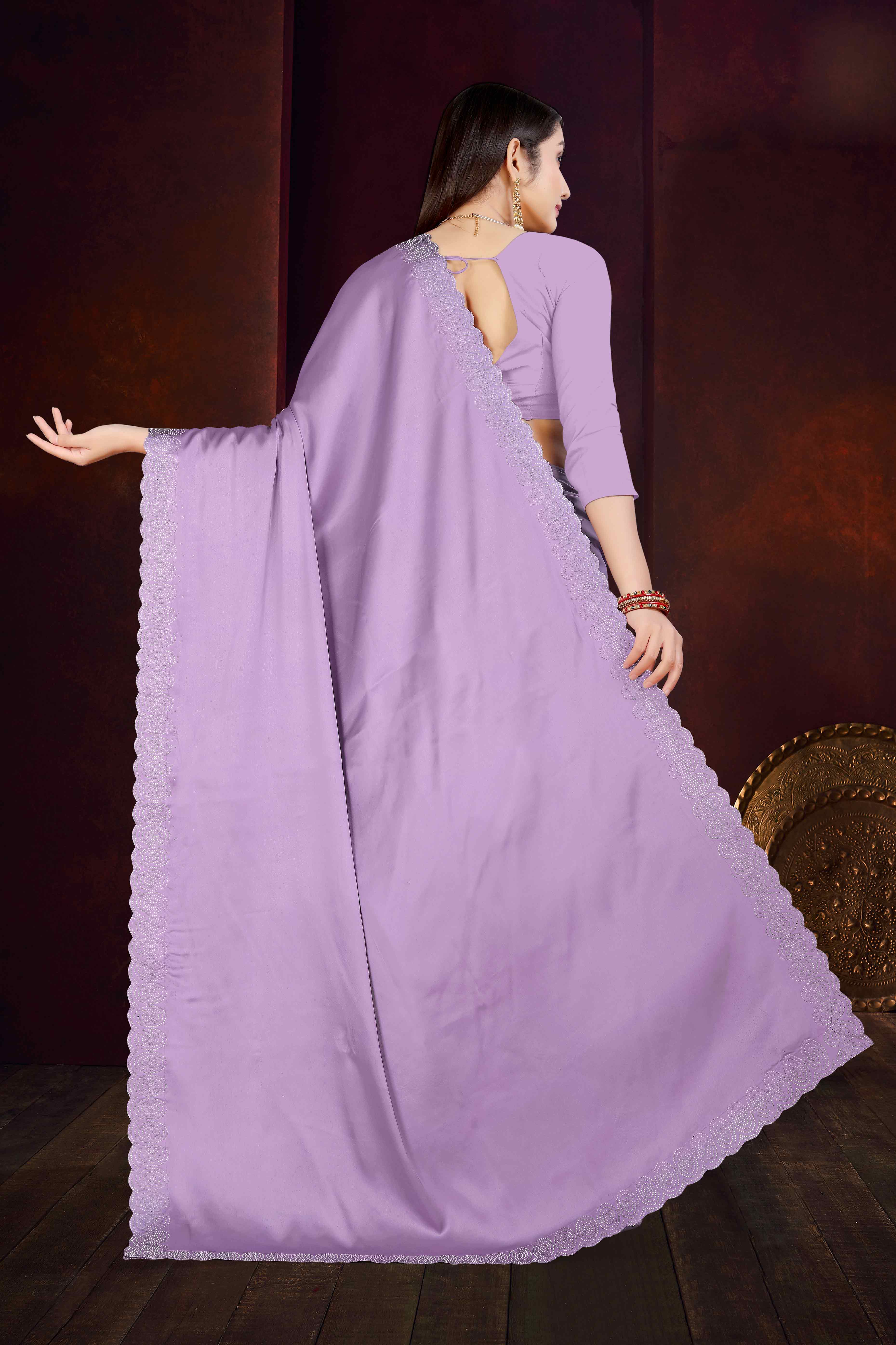 Lavender Solid With Swarovski Work Satin Saree - Image 5