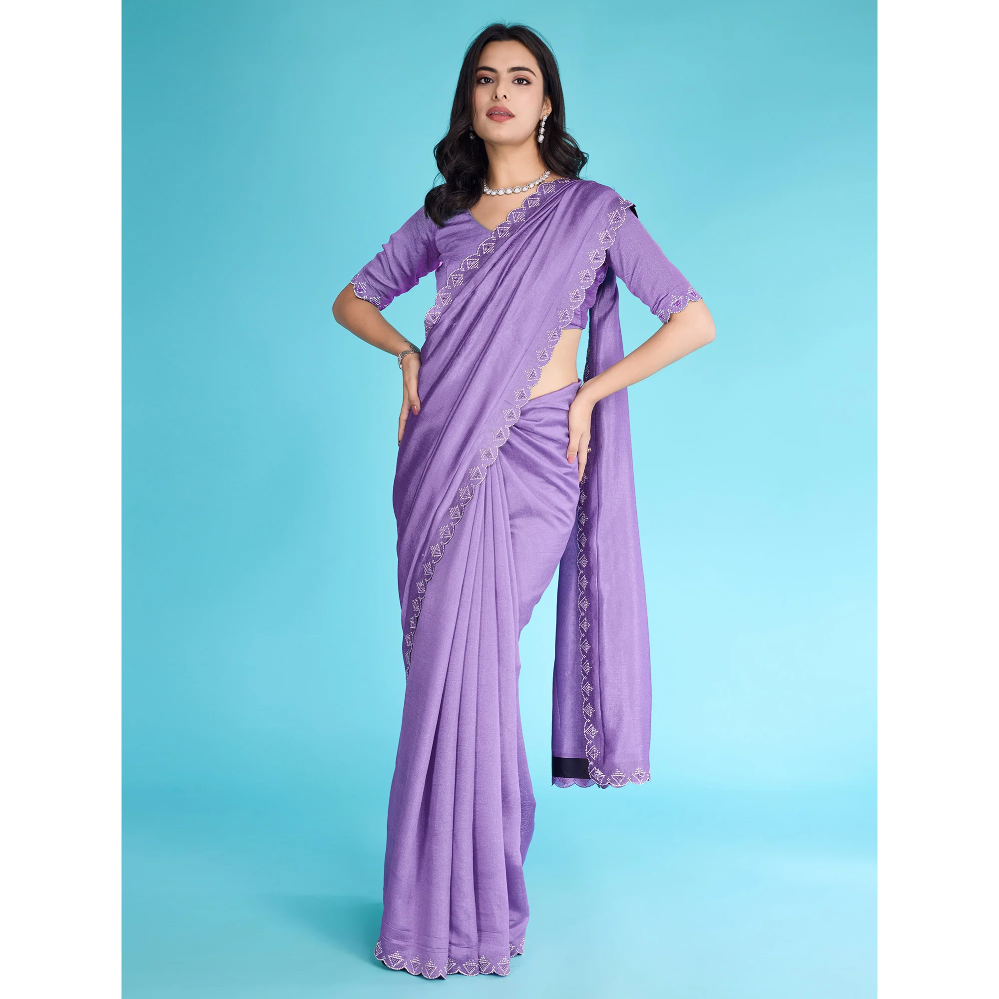 Lavender Solid With Zarkan & Pearl Diamond Lace Khadi Shimmer Saree - Image 4