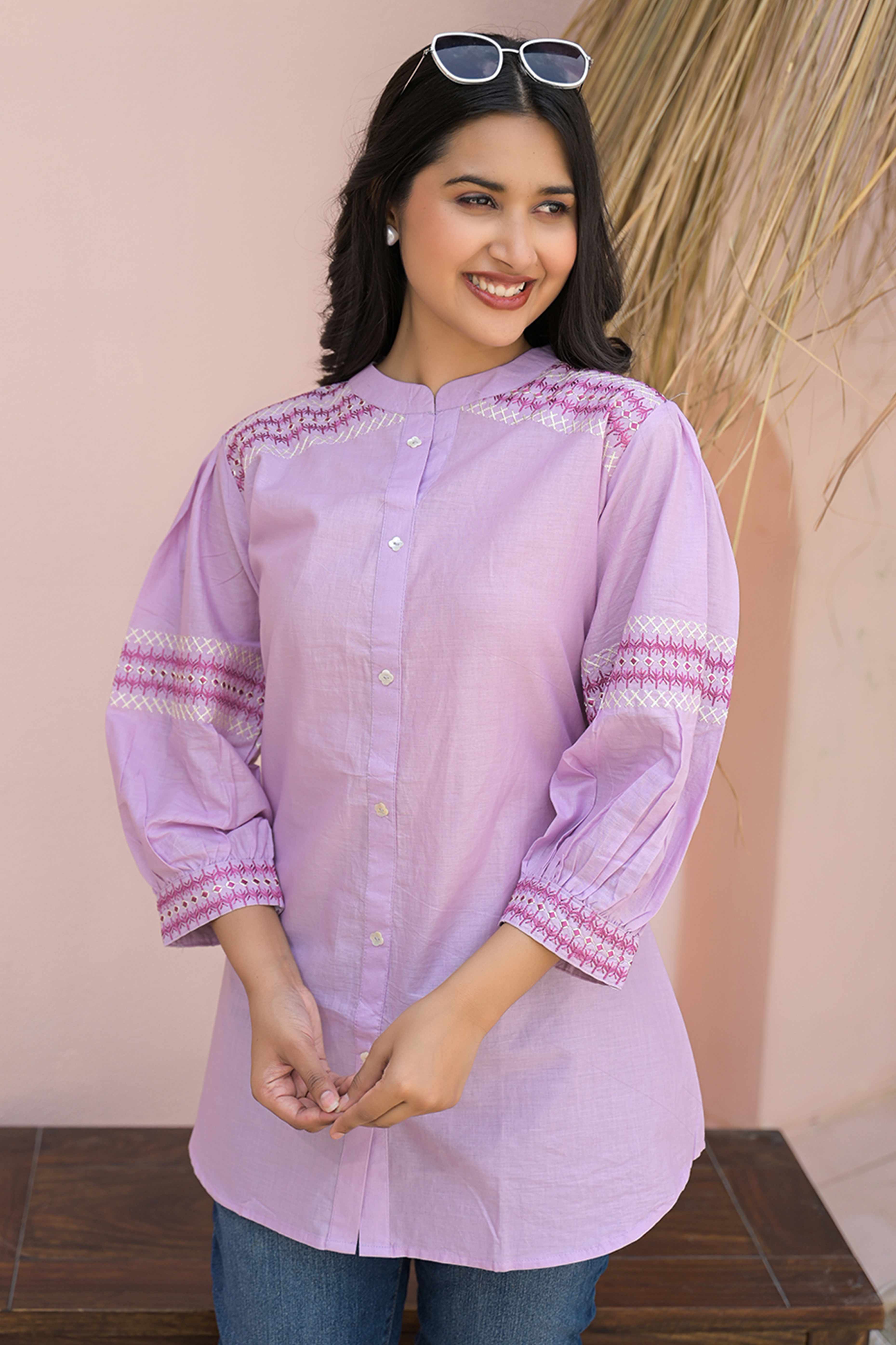 Lavender Straight Top in Cotton with Delicate Embroidered Highlights - Image 3