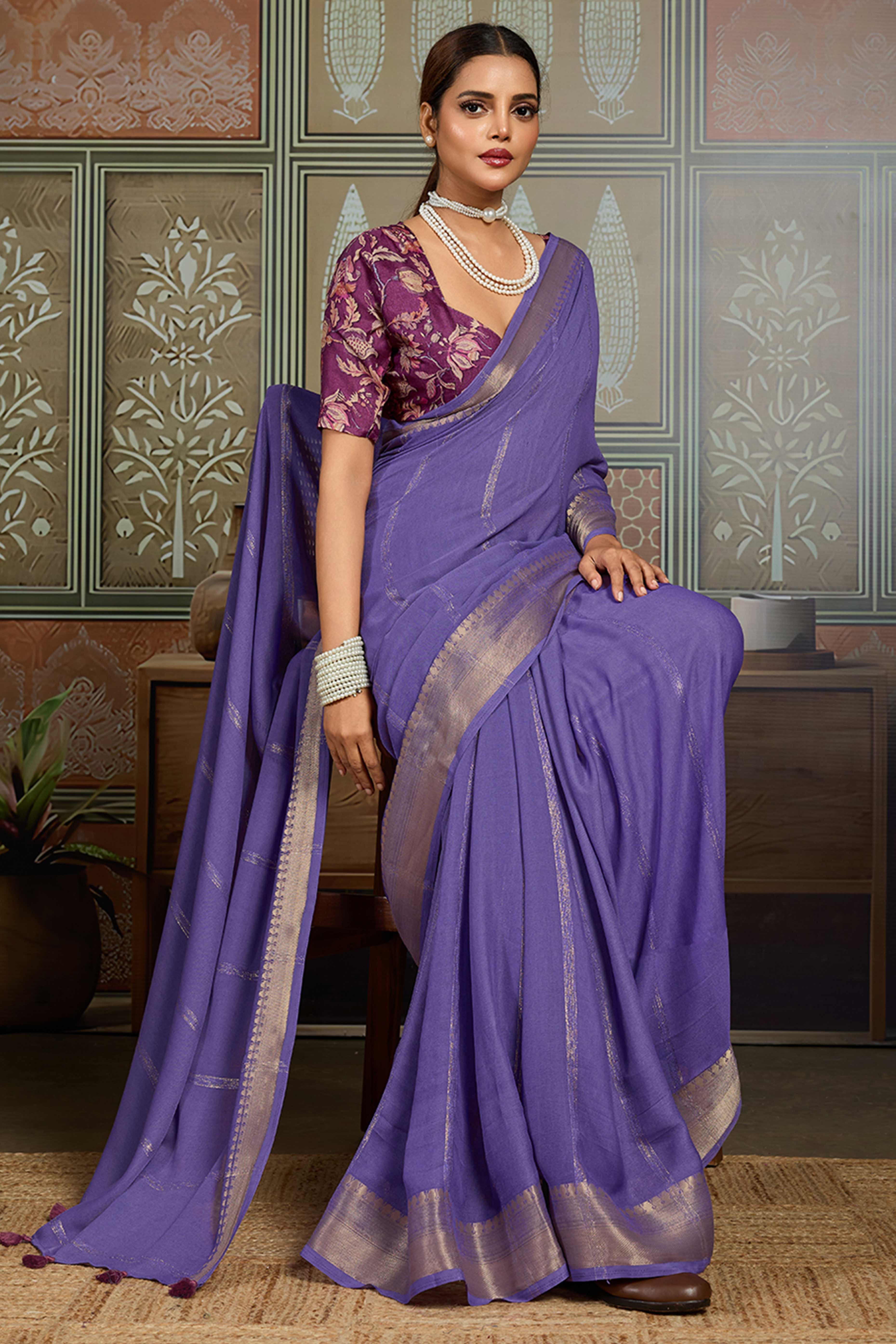 Lavender Striped Pattern Bemberg Saree Adorned With Intricate Zari Weaving & Graceful Tassel Pallu - Image 5
