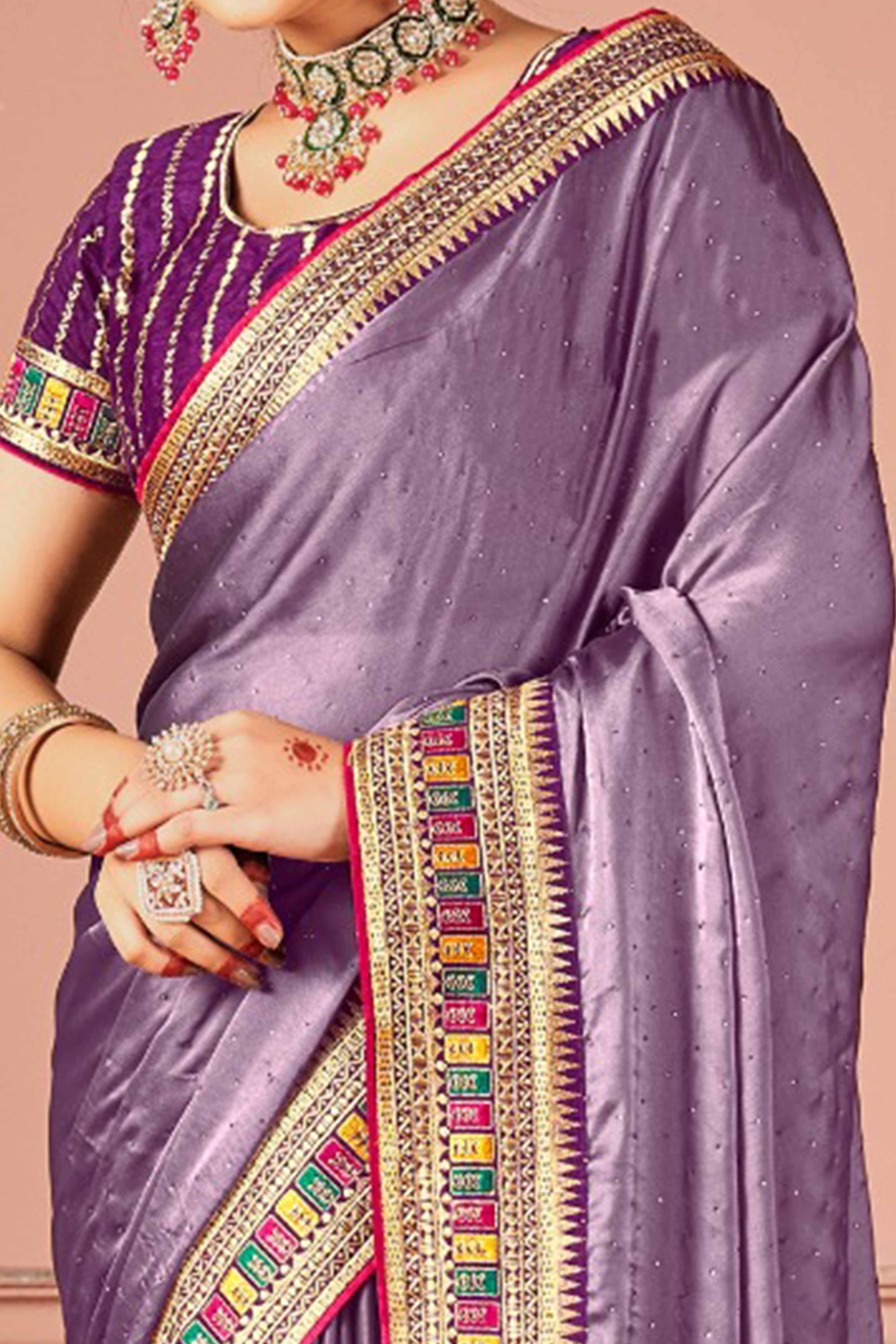 Lavender Swarovski Work Satin Rangoli Saree With Embroidered Border - Image 2