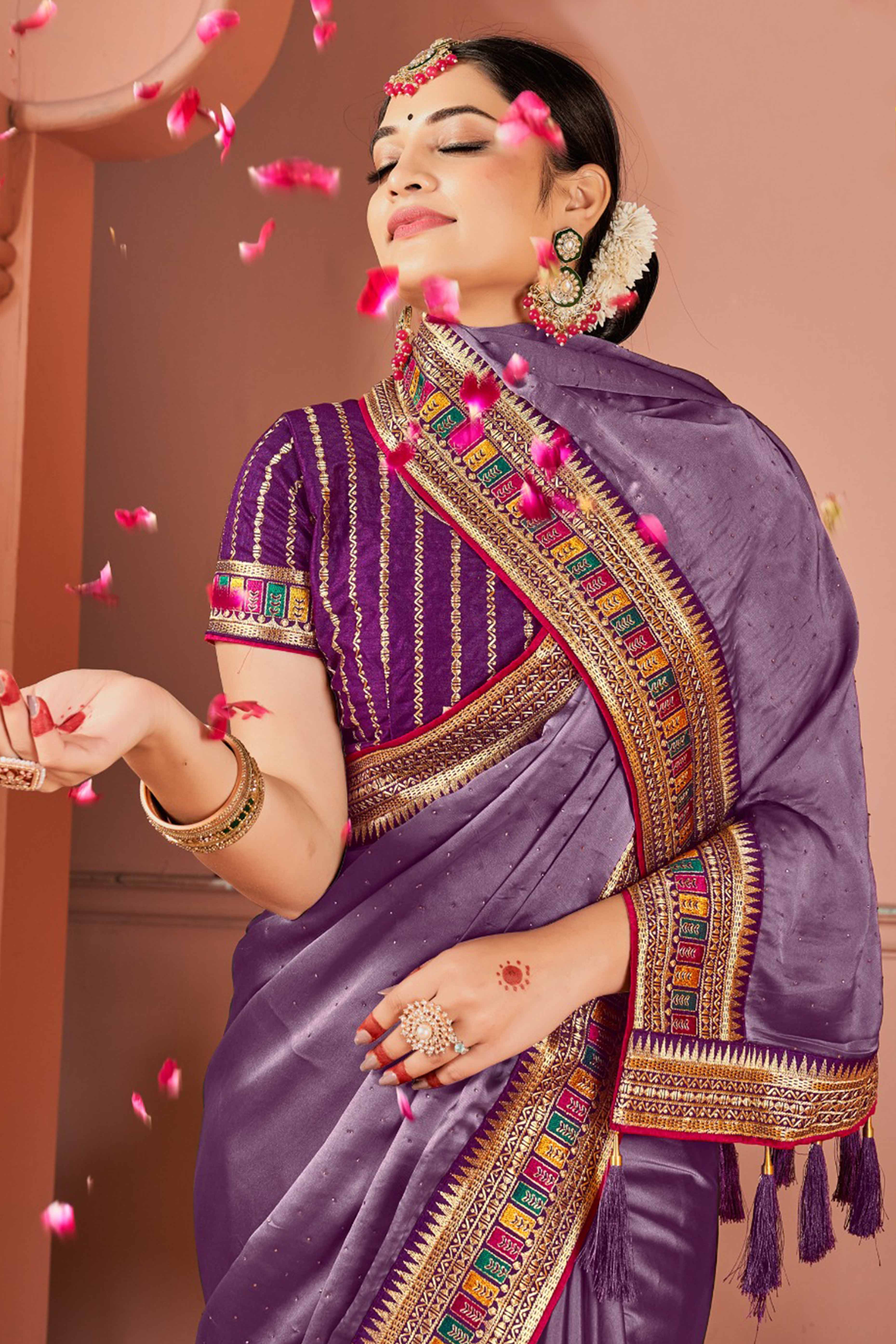 Lavender Swarovski Work Satin Rangoli Saree With Embroidered Border - Image 5