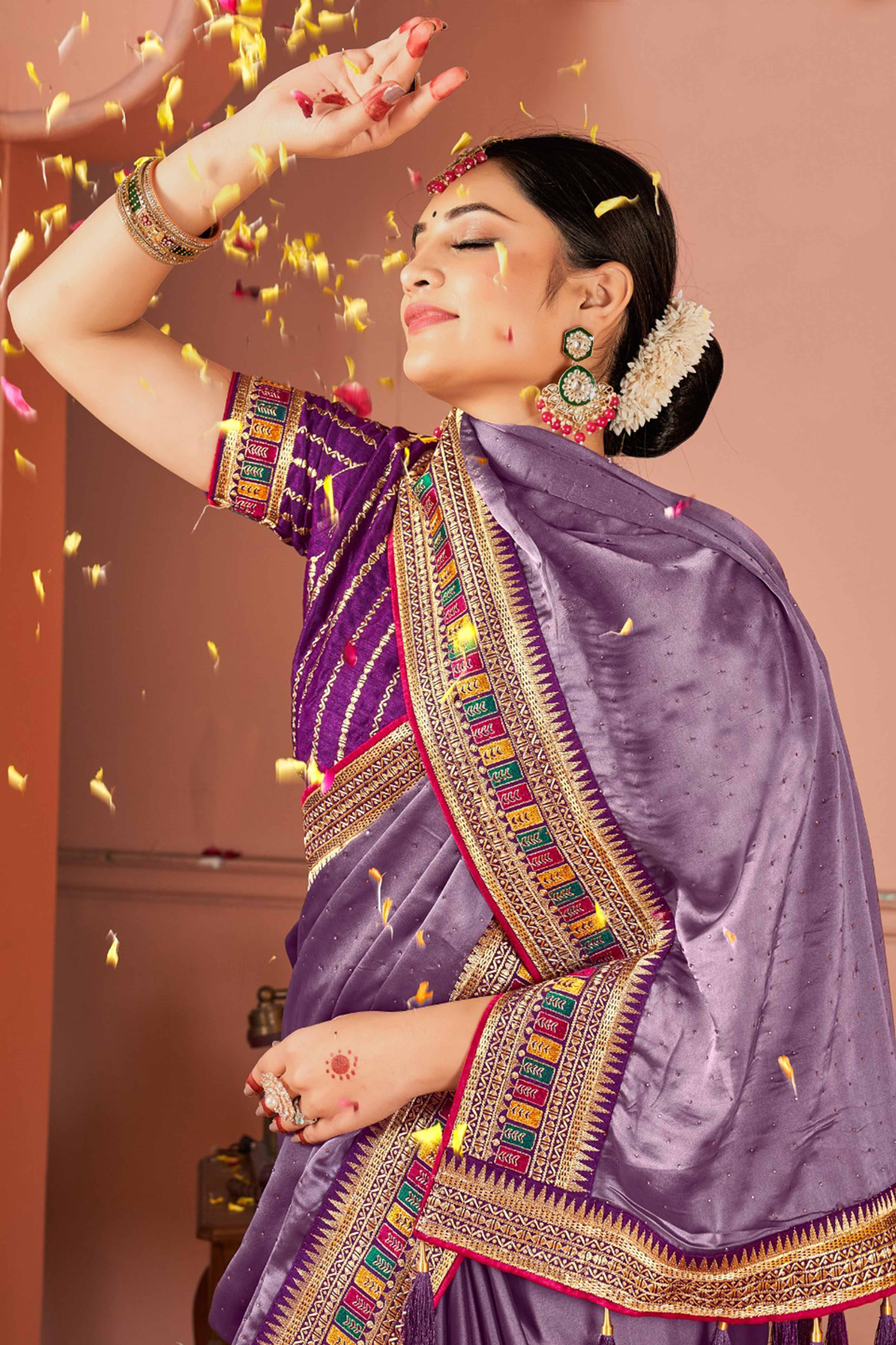 Lavender Swarovski Work Satin Rangoli Saree With Embroidered Border - Image 6
