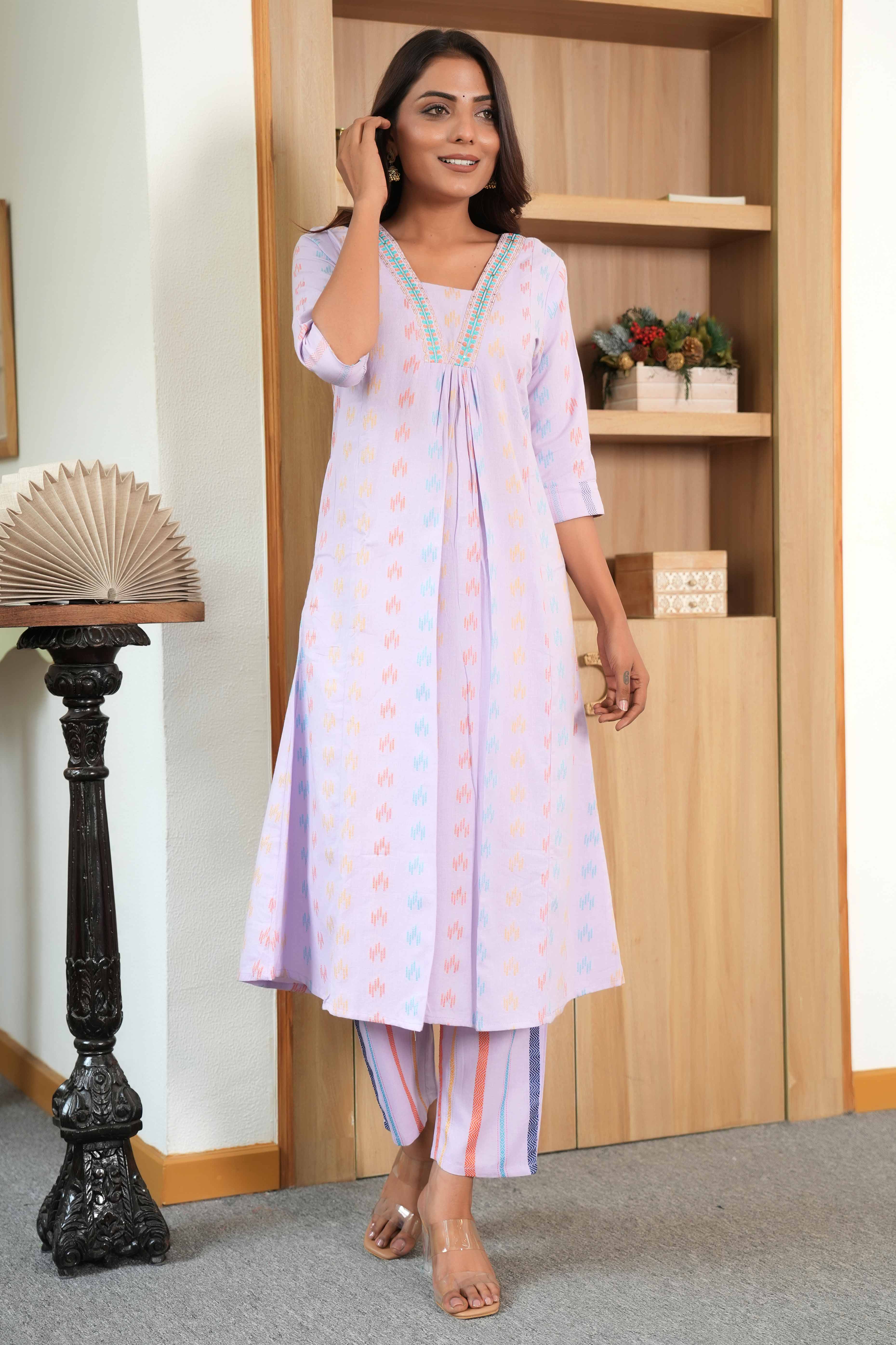 Lavender Textured Weave Pure Cotton Kurta Set – A-Line Style - Image 6