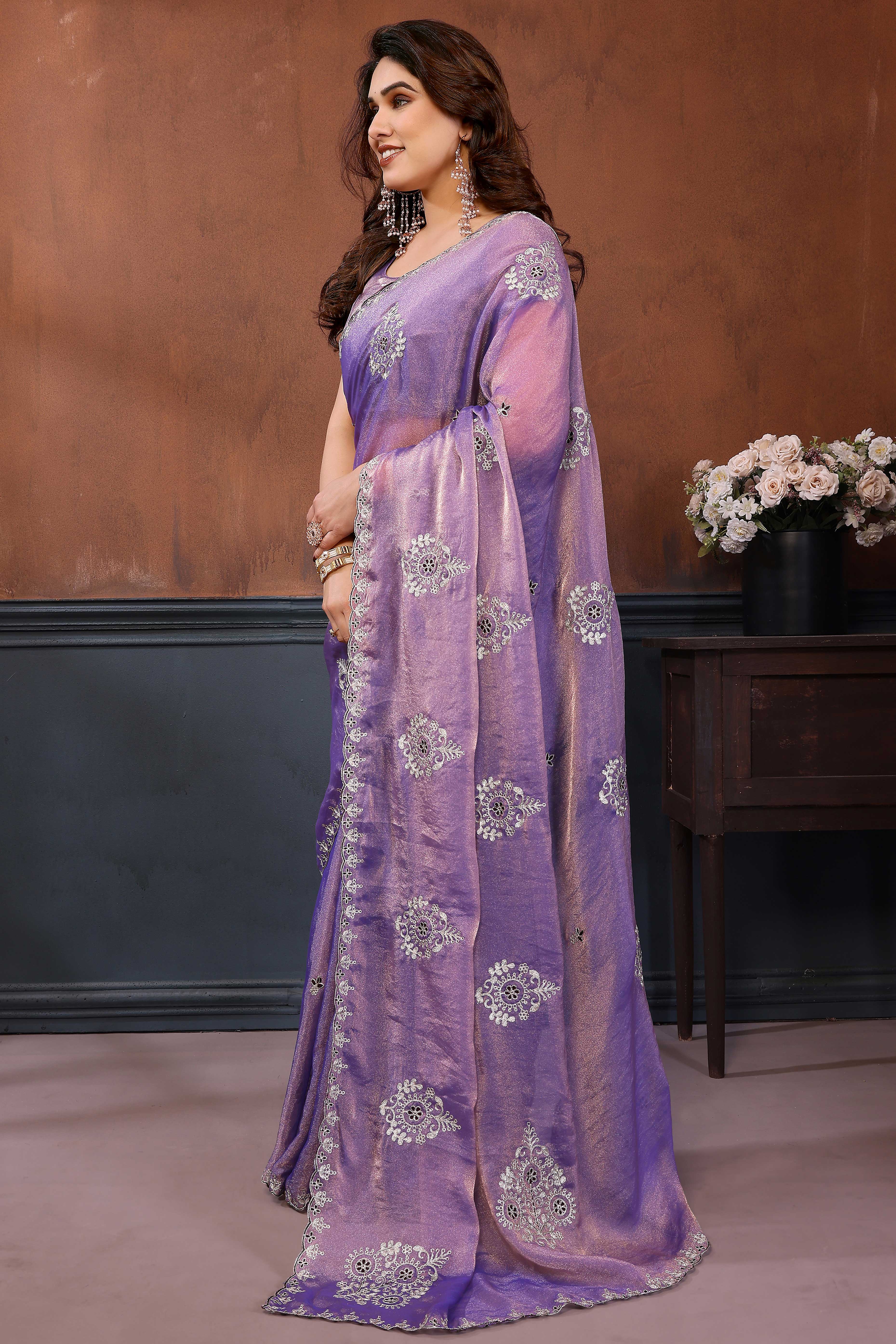 Lavender Thread Work Embroidered Chiffon Partywear Saree with Delicate Designer Look - Image 3