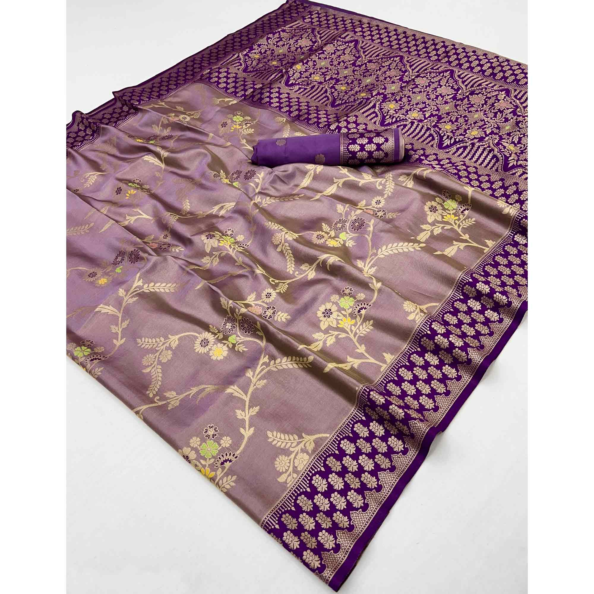 Lavender Tissue Dharmavaram Silk Saree Adorned with Fine Traditional Minakari Weaving - Image 3