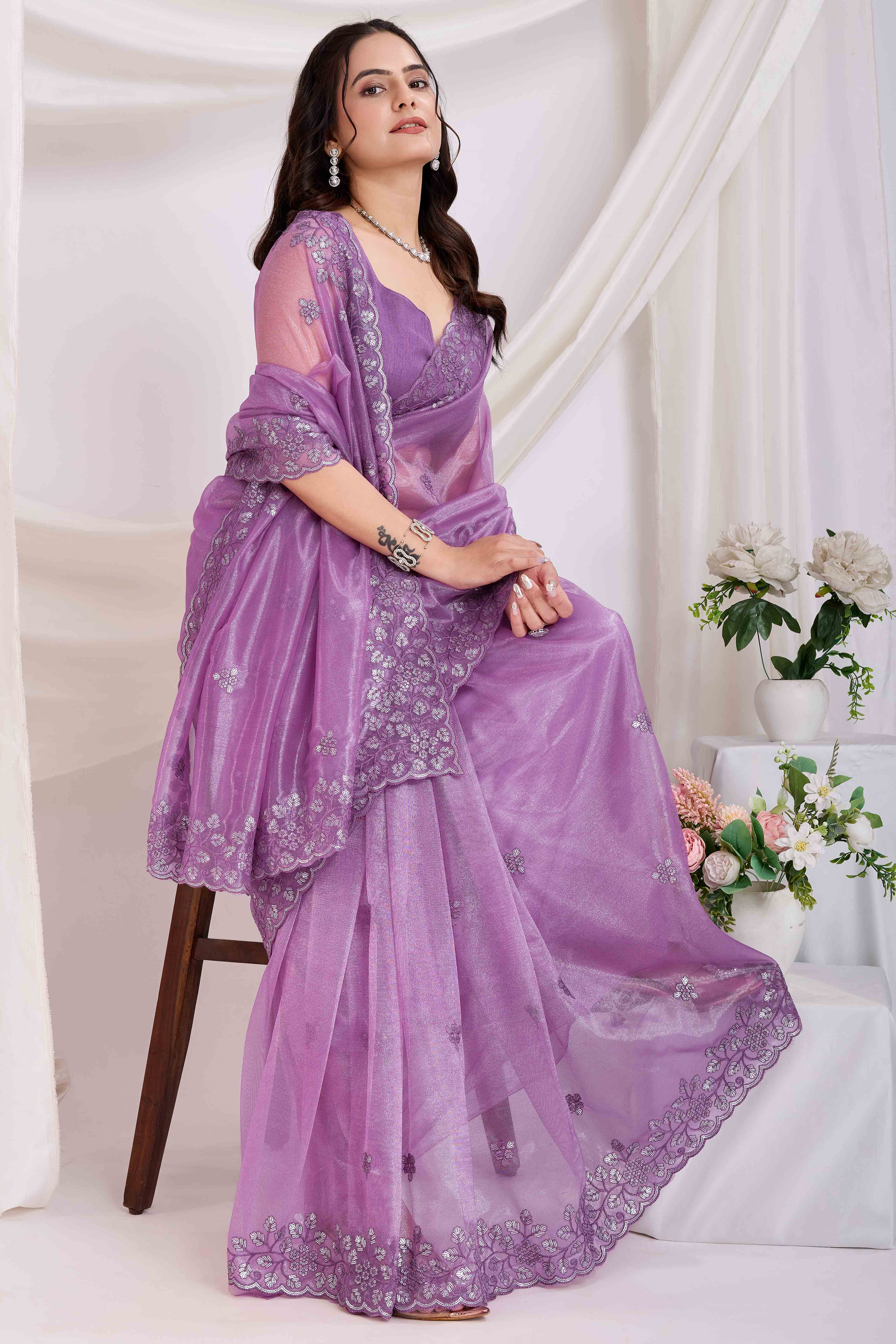 Lavender Twill Net Saree Embellished With Sequin Floral Embroidery - Image 4