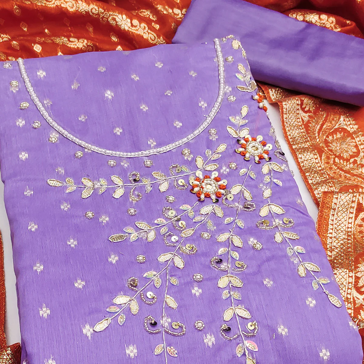 Lavender Unstitched Cotton Silk Dress Fabric with Gota Patti Embroidery and Woven Finish - Image 2
