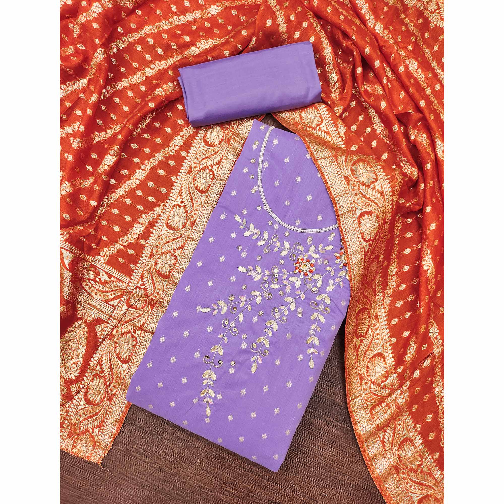 Lavender Unstitched Cotton Silk Dress Fabric with Gota Patti Embroidery and Woven Finish - Image 3