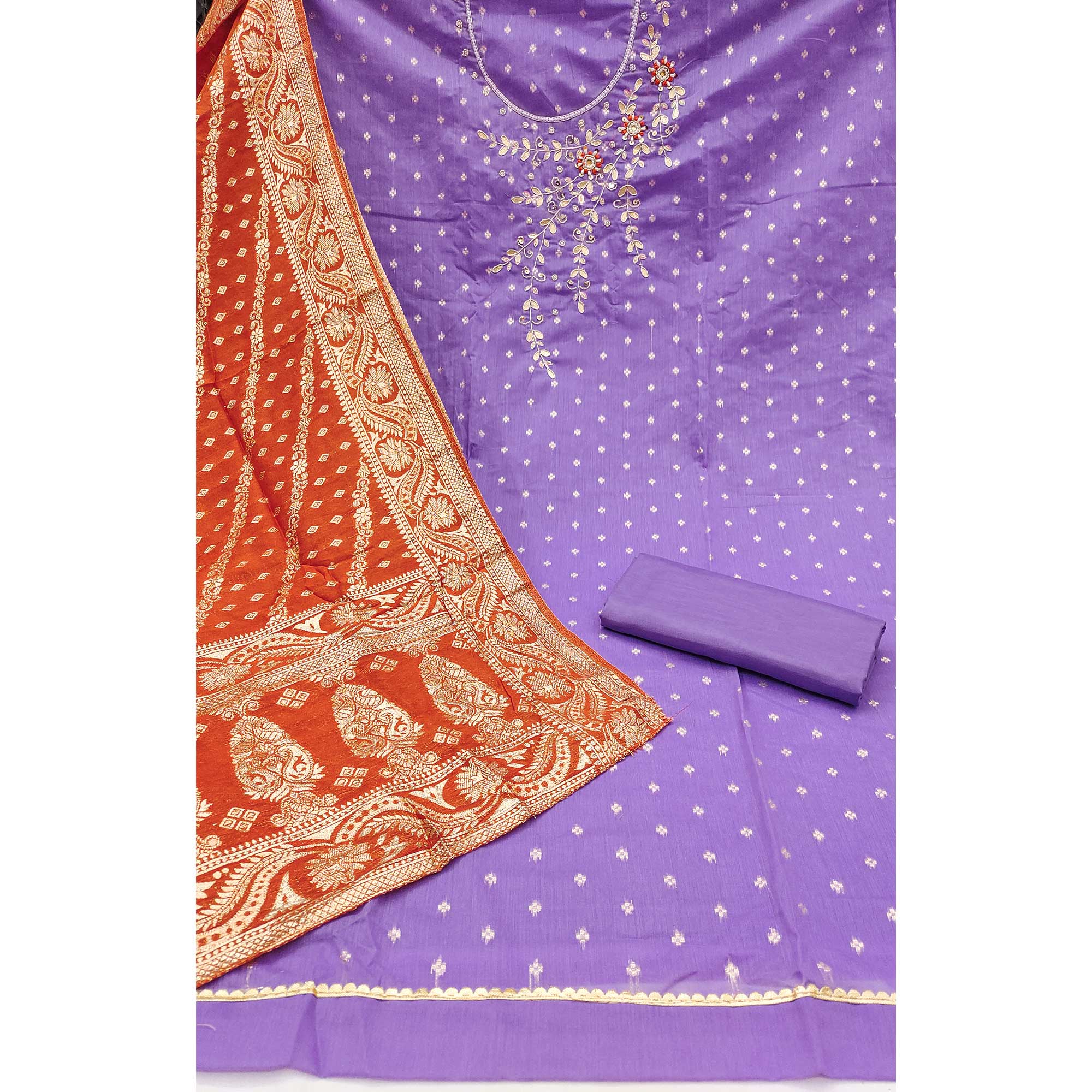 Lavender Unstitched Cotton Silk Dress Fabric with Gota Patti Embroidery and Woven Finish - Image 4