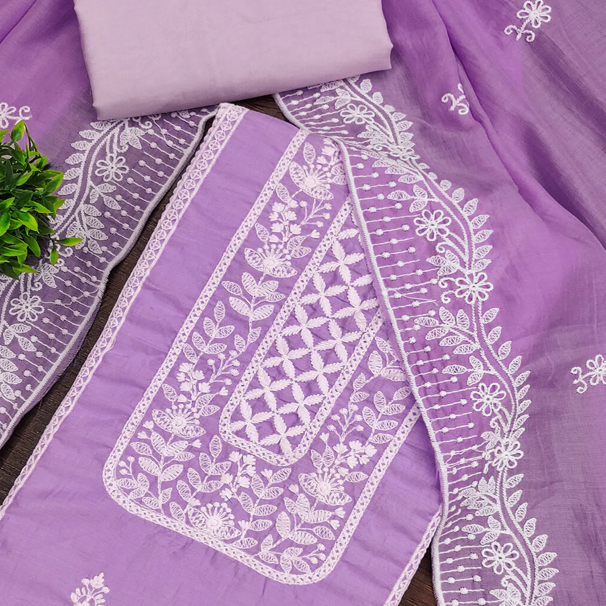 Lavender Unstitched Suit Material in Luxurious Cotton Silk with Exquisite Floral Embroidery - Image 2