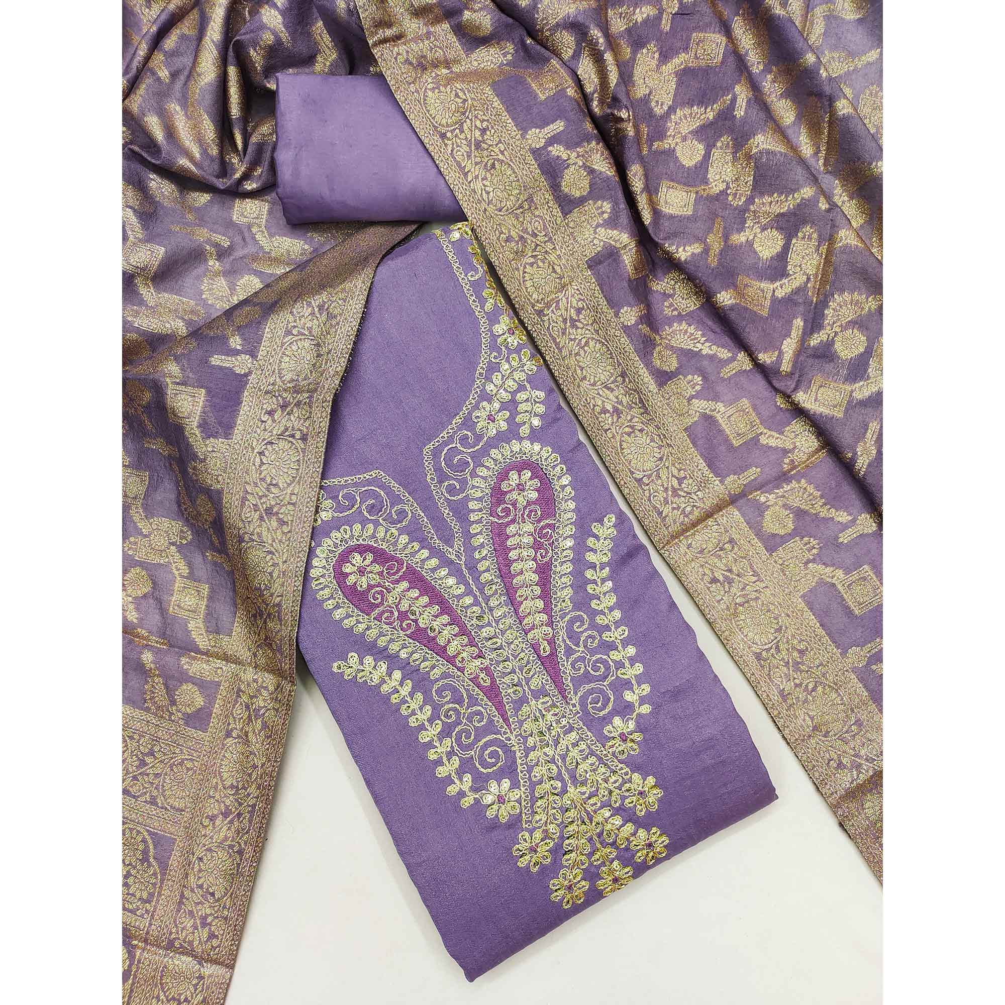 Lavender Vichitra Silk Dress Material Enhanced With Elegant Floral Sequins Cording Embroidery - Image 3