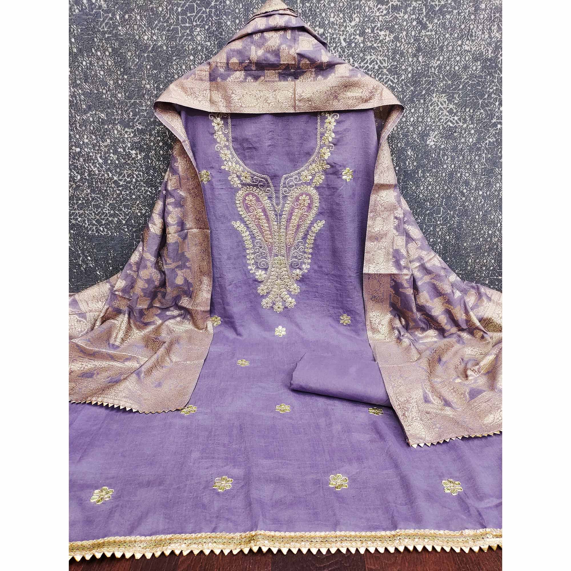Lavender Vichitra Silk Dress Material Enhanced With Elegant Floral Sequins Cording Embroidery - Image 4