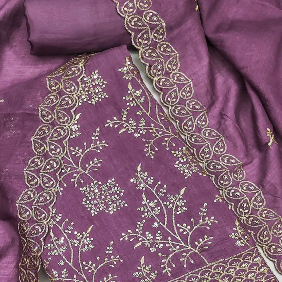 Lavender Vichitra Silk Dress Material with Sequins Embroidery - Image 2