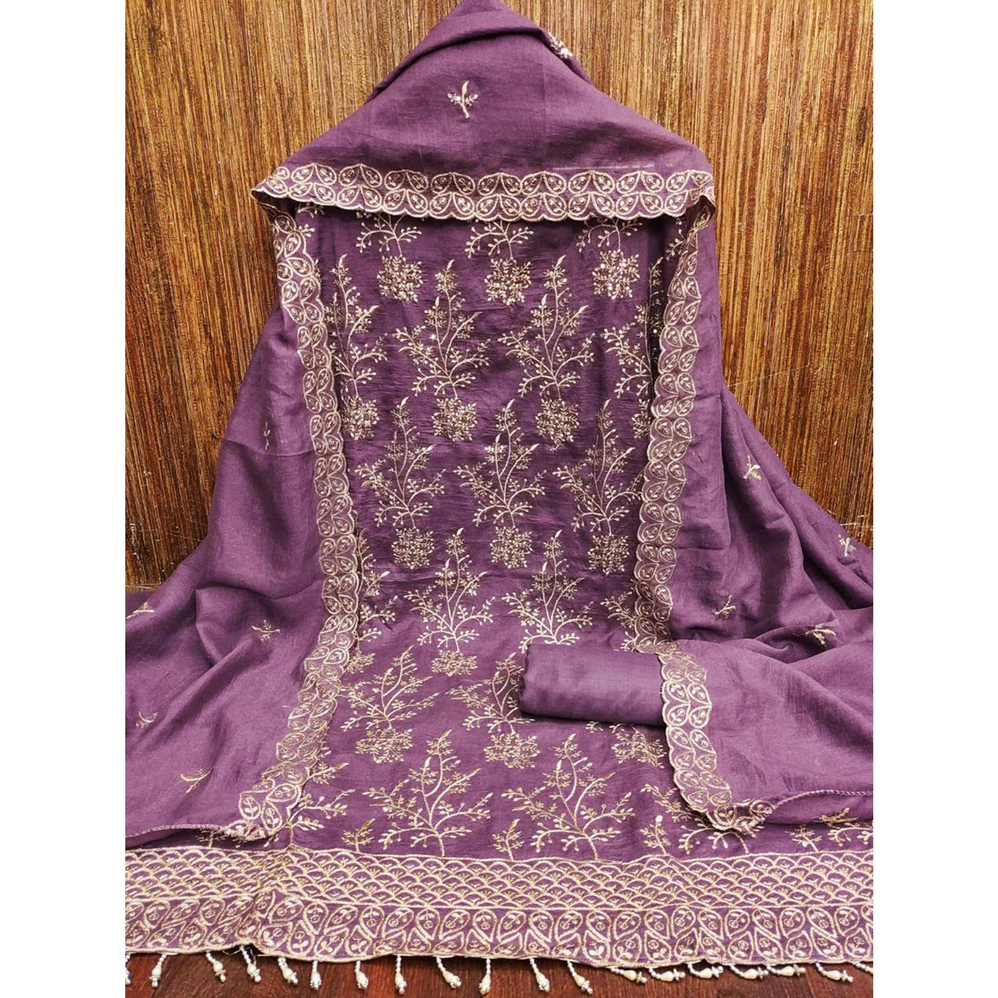 Lavender Vichitra Silk Dress Material with Sequins Embroidery - Image 3