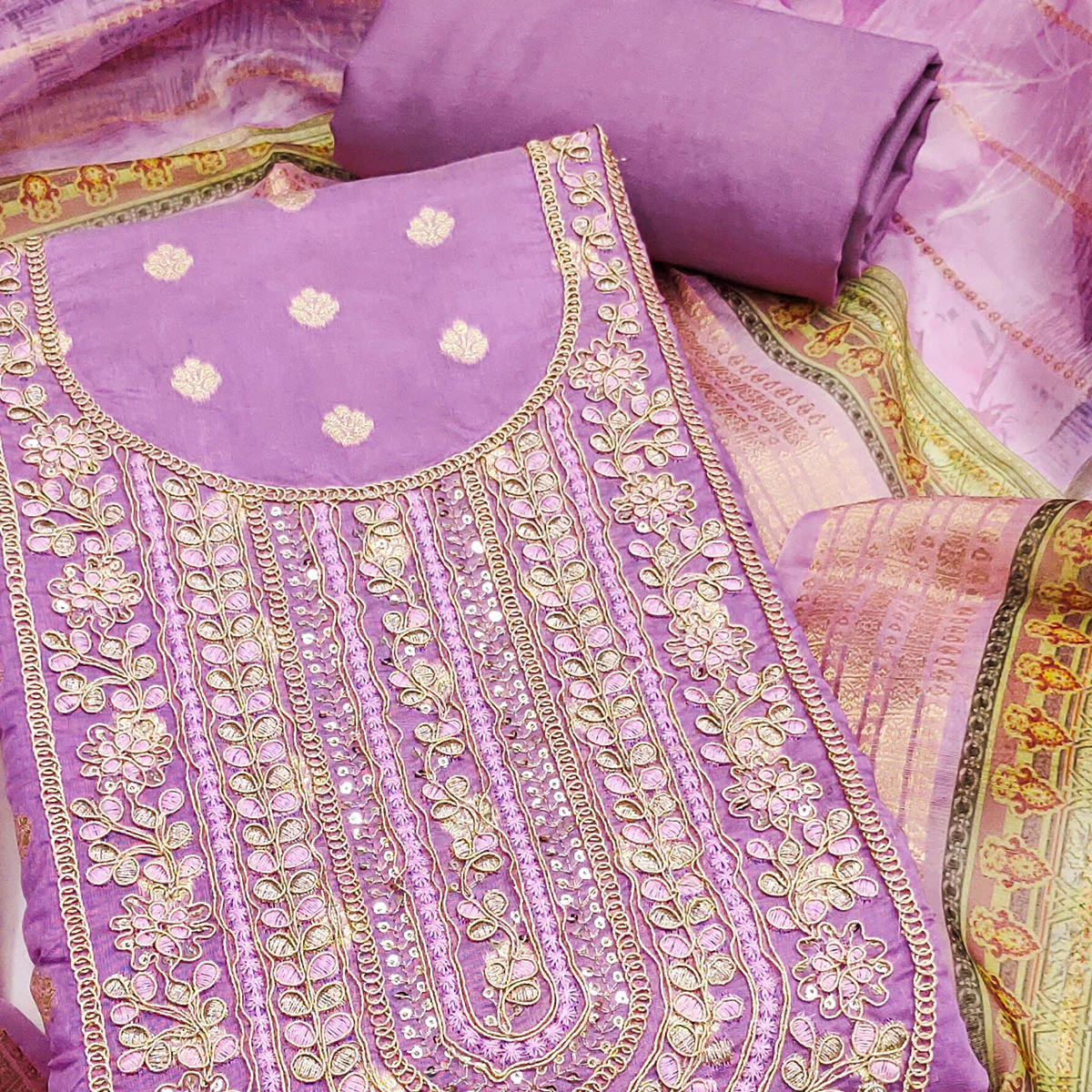 Lavender Woven Banarasi Cotton Silk Dress Material Accented With Sequins Embroidery - Image 2