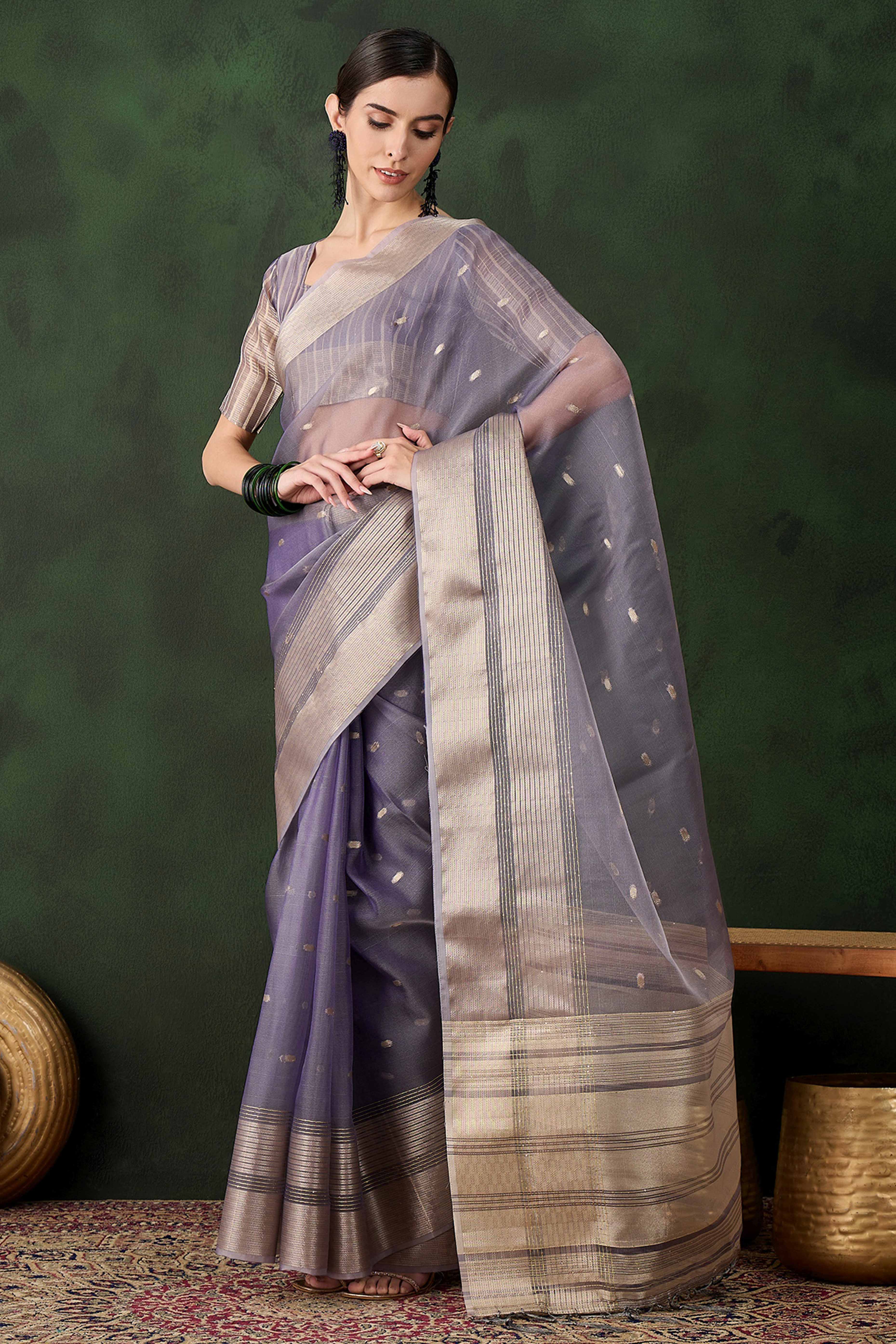 Lavender Woven Khadi Organza Saree Embellished With Shimmering Sequins Work - Image 4