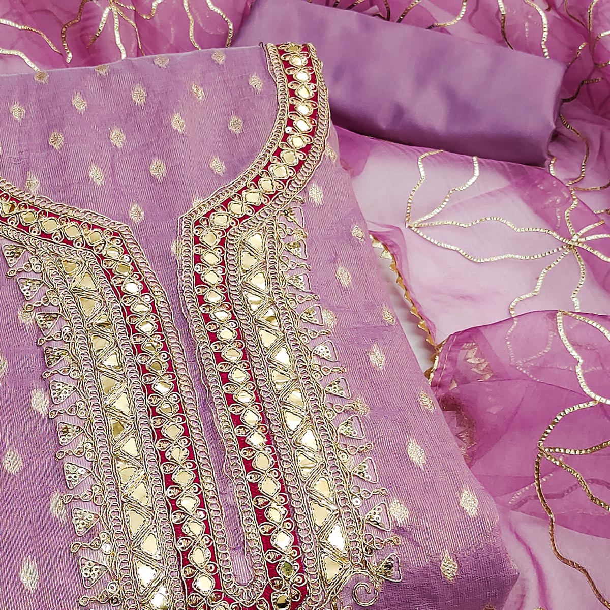 Lavender Woven Shimmer Silk Dress Material Adorned With Sequins & Gota Patti Work - Image 2