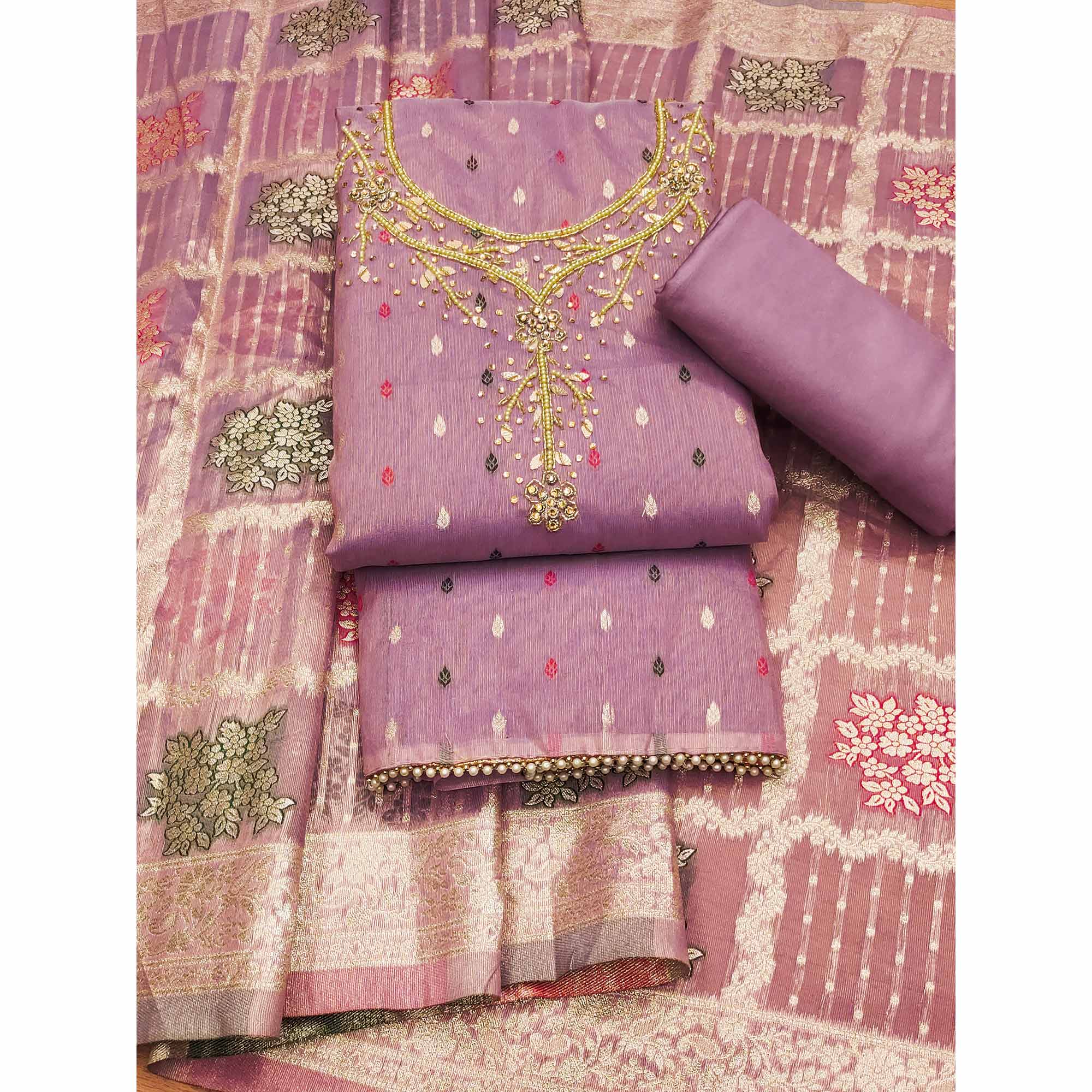 Lavender Woven With Handwork Simmer Jacquard Dress Material - Image 3